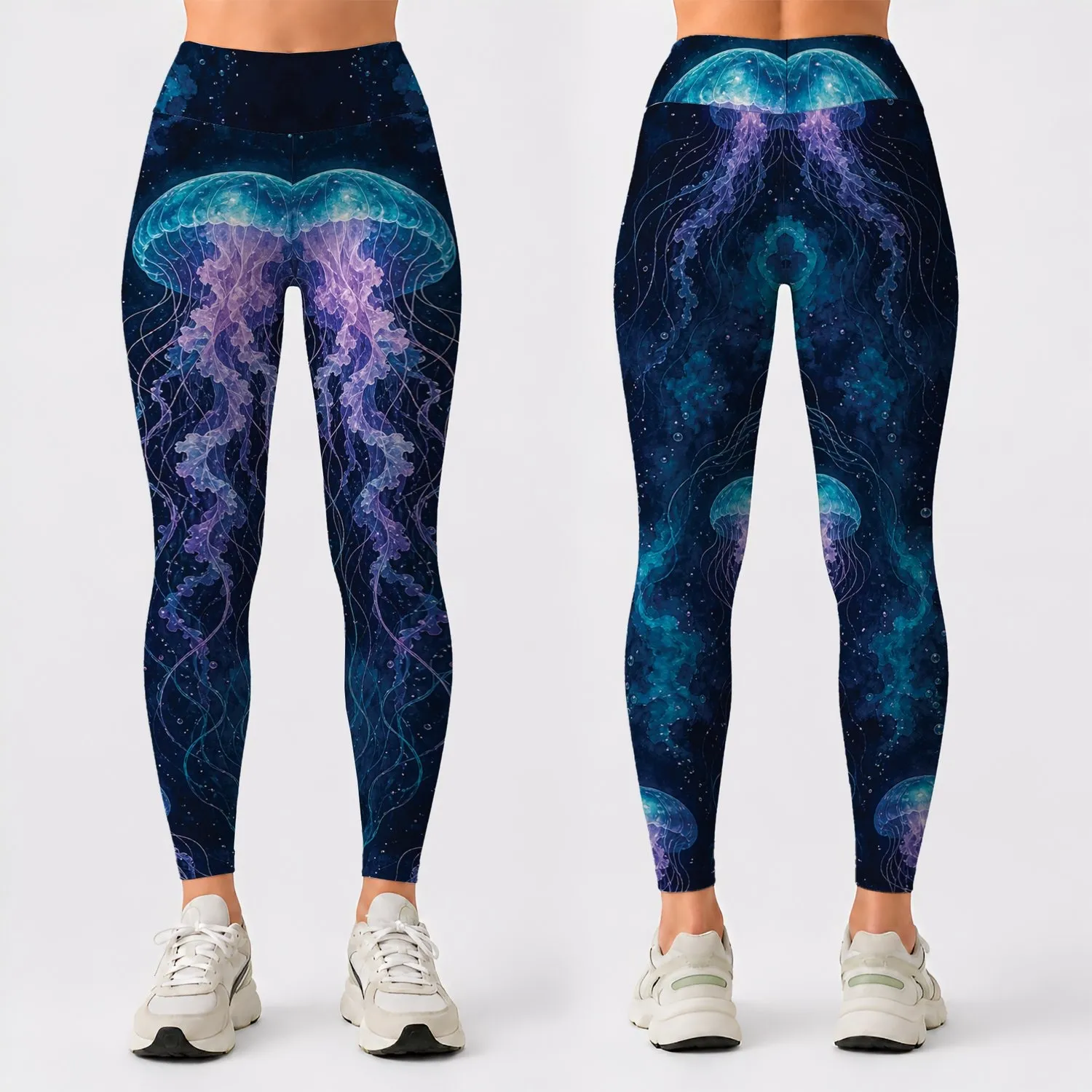 Glowing Jellyfish Ocean Night Scene For Yoga Dance And Festival Wear For Active Women Leggings - 1