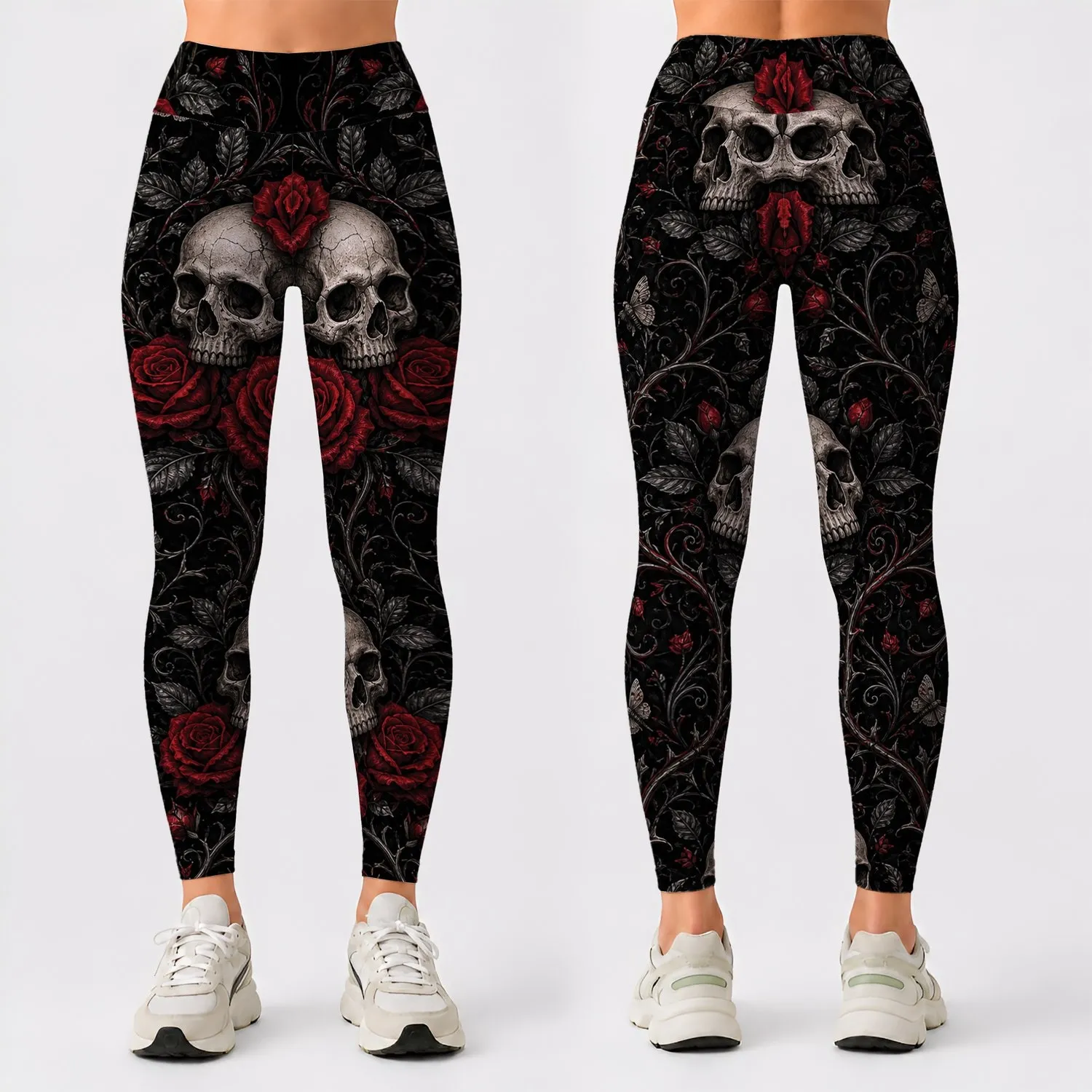 Gothic Skull And Crimson Rose Tattoo Art For Dark Romance Festival Fashion Enthusiasts Leggings - 1