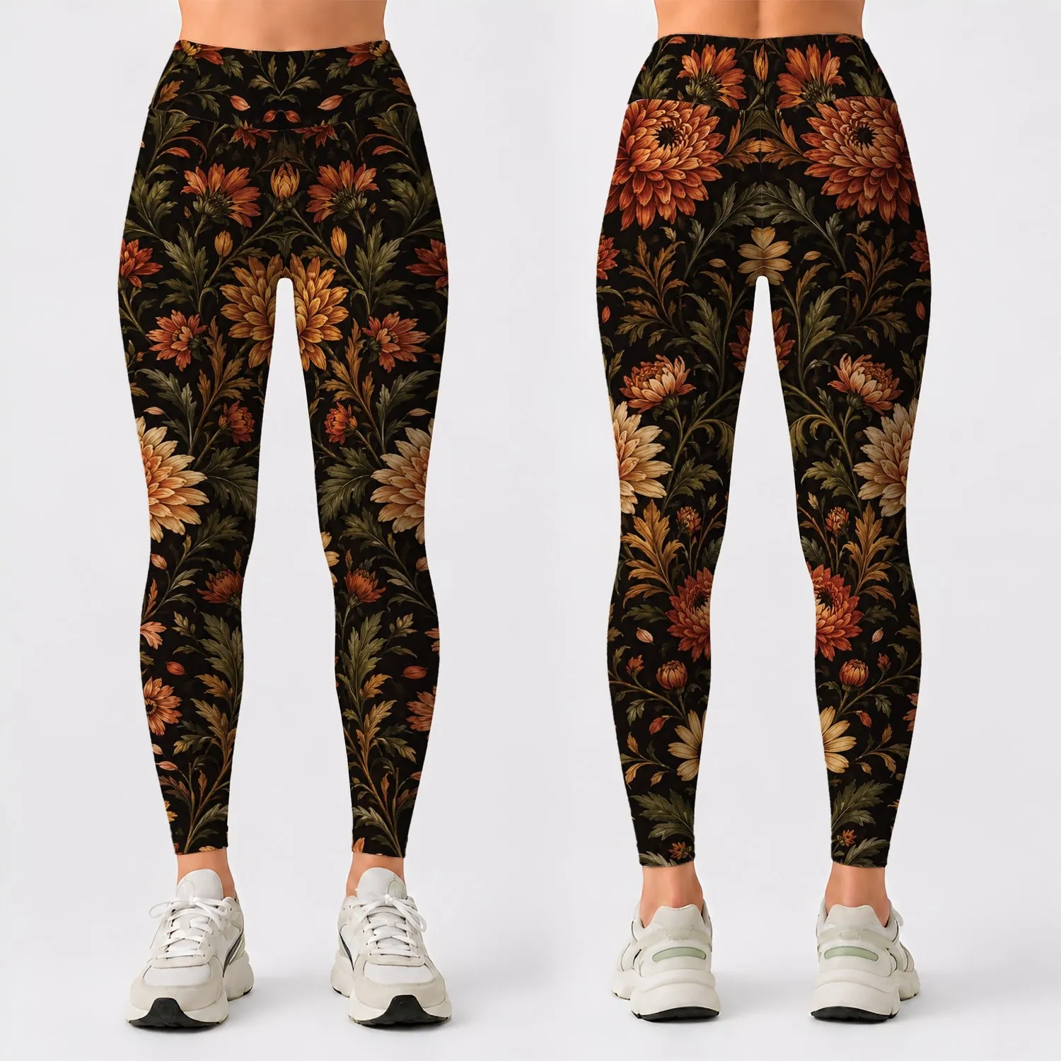 Autumn Chrysanthemum And Daisy Florals For Fall Yoga, Fitness And Casual Daily Wear Leggings - 1