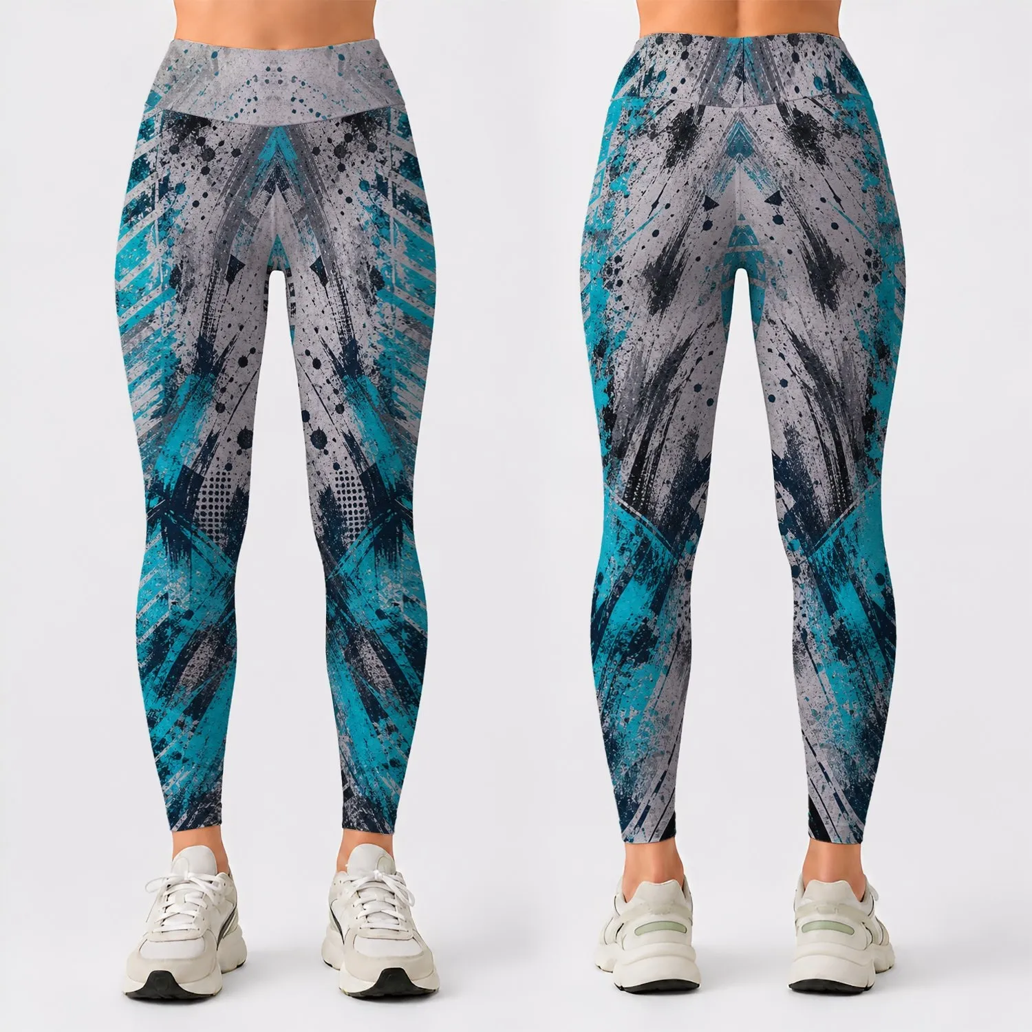 Abstract Cyan Chevron Urban Paint Distress For Yoga Running Gym Training Wear Women Leggings - 1