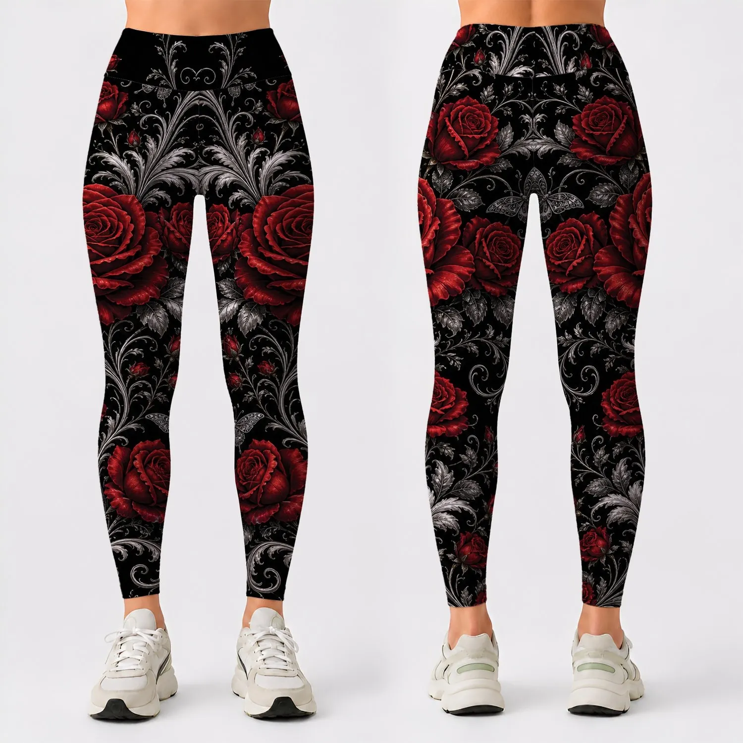 Gothic Red Roses Silver Vines For Romantic Date Night And Alternative Fashion Lovers Leggings - 1
