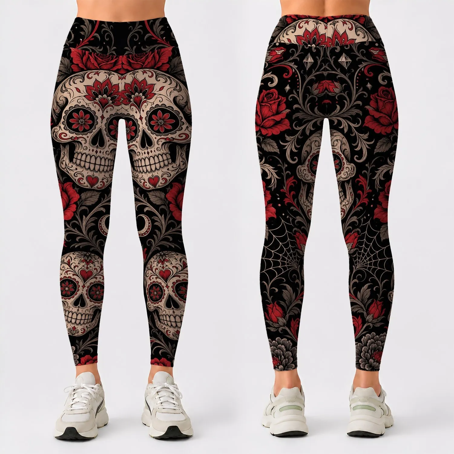 Dia De Muertos Sugar Skull Rose Tattoo Flash For Halloween Yoga And Fitness Lovers Leggings - 1