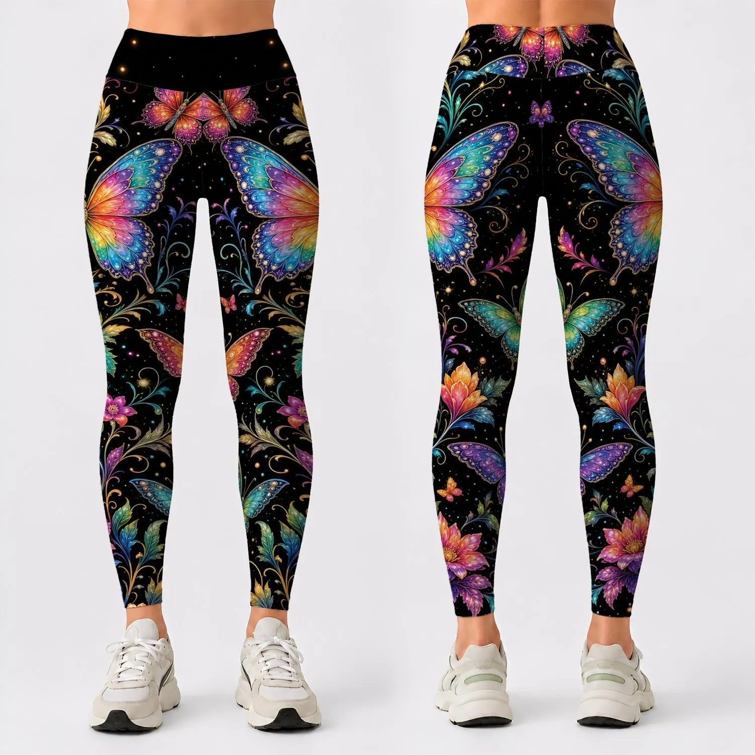 Rainbow Jewel Butterfly Garden for Yoga, Festival, and Everyday Active Wear Women Leggings - 1