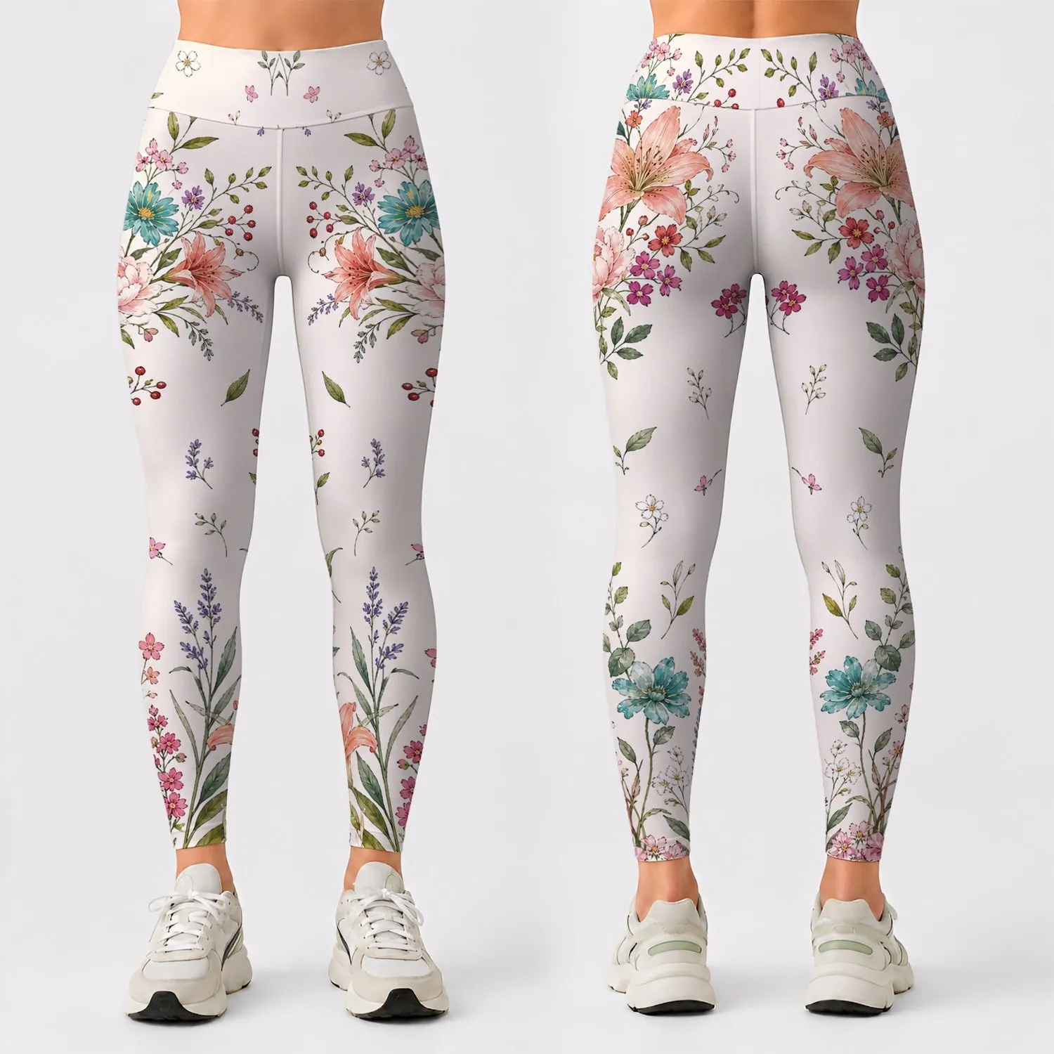 Watercolor Cottage Garden Florals for Spring Yoga, Travel and Everyday Activewear Leggings - 1