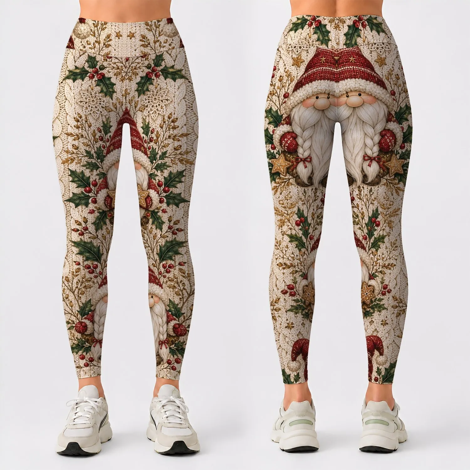 Christmas Gnomes Holly And Knit Motifs For Cozy Nordic Holiday Outfits For Women Leggings - 1