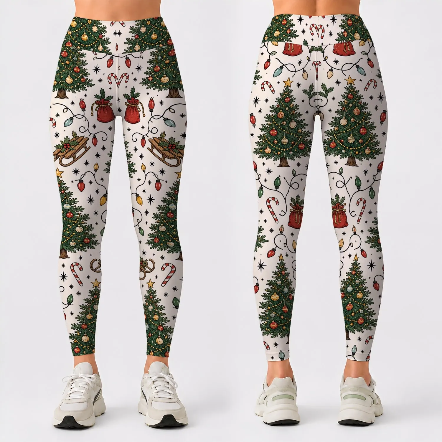 Vintage Christmas Trees Candy Canes And Holiday Lights For Cozy Winter Celebrations Leggings - 1