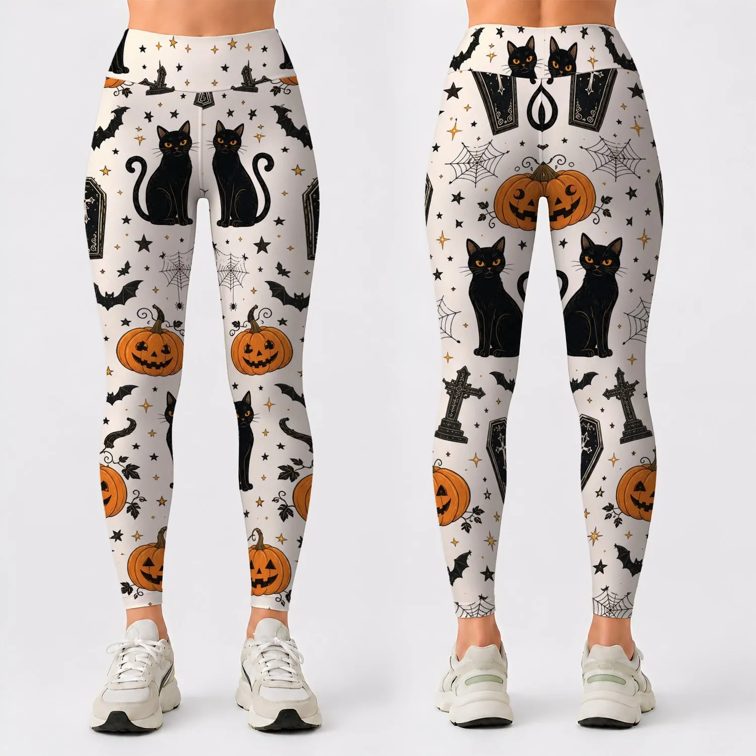 Black Cats Pumpkins Coffins for Halloween Parties and Spooky Season Costume Outfits Leggings - 1