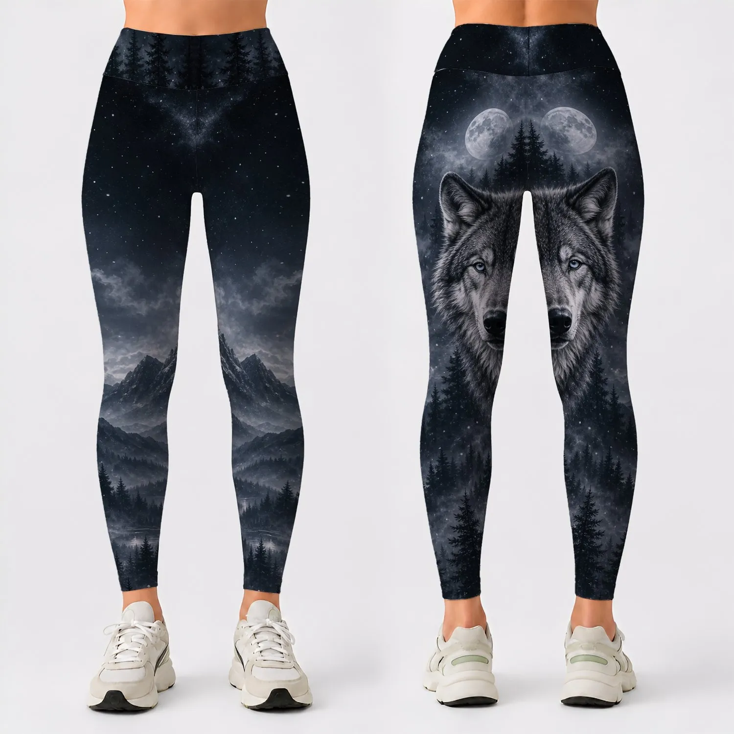 Gray Wolf Moonlit Forest Activewear For Hikers And Outdoor Wildlife Enthusiasts Gift Leggings - 1