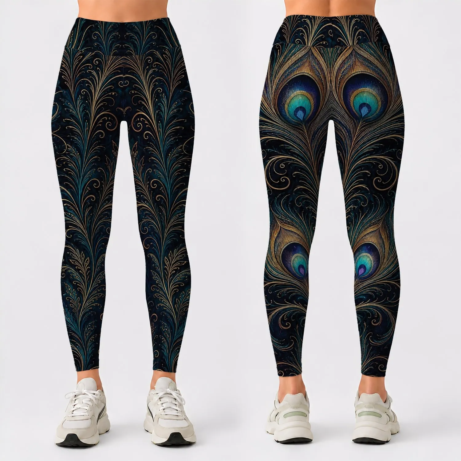 Dark Peacock Feather Botanical Ornamental Wear for Gothic Evening and Festival Style Leggings - 1