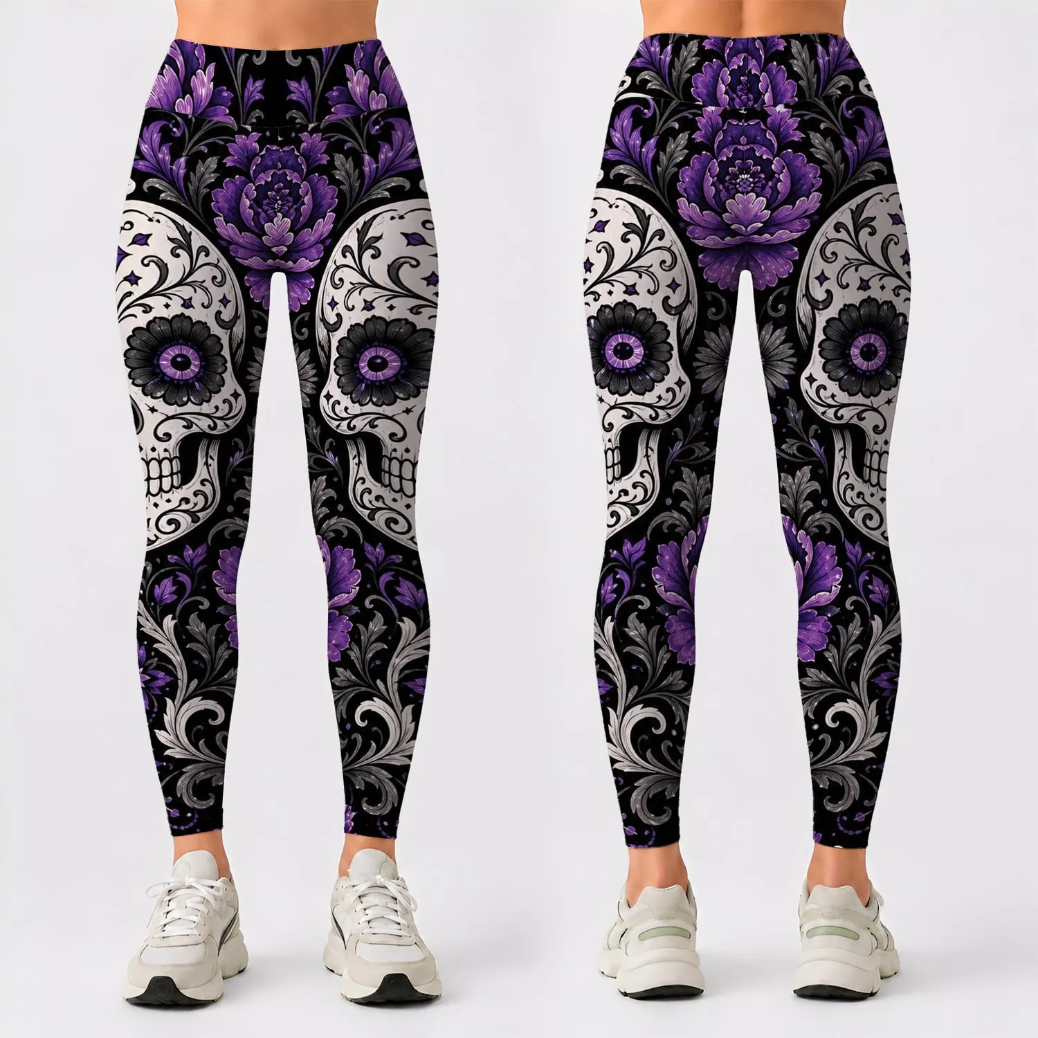Violet Sugar Skull Peonies For Gothic Festival Style And Day Of The Dead Fashion Fans Leggings - 1