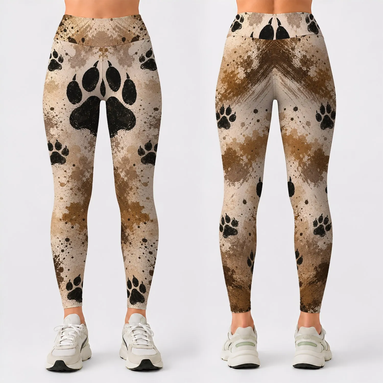 Black Canine Paw Trail On Ivory Camo For Hiking Dog Moms Outdoor Fitness Daily Wear Leggings - 1