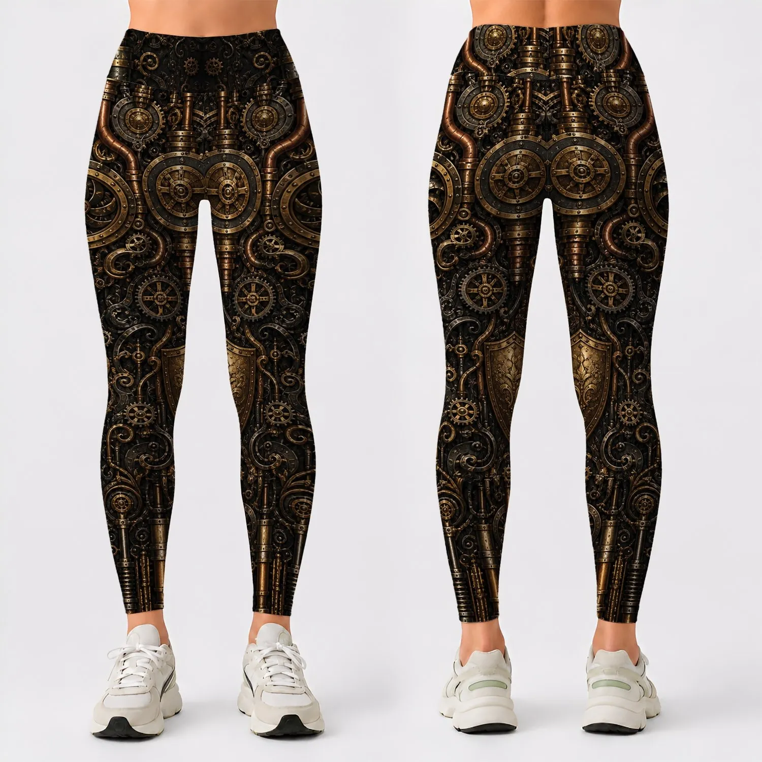 Steampunk Brass Gear and Piston Armor Motif for Gothic Festival Cosplay Outfit Wear Leggings - 1