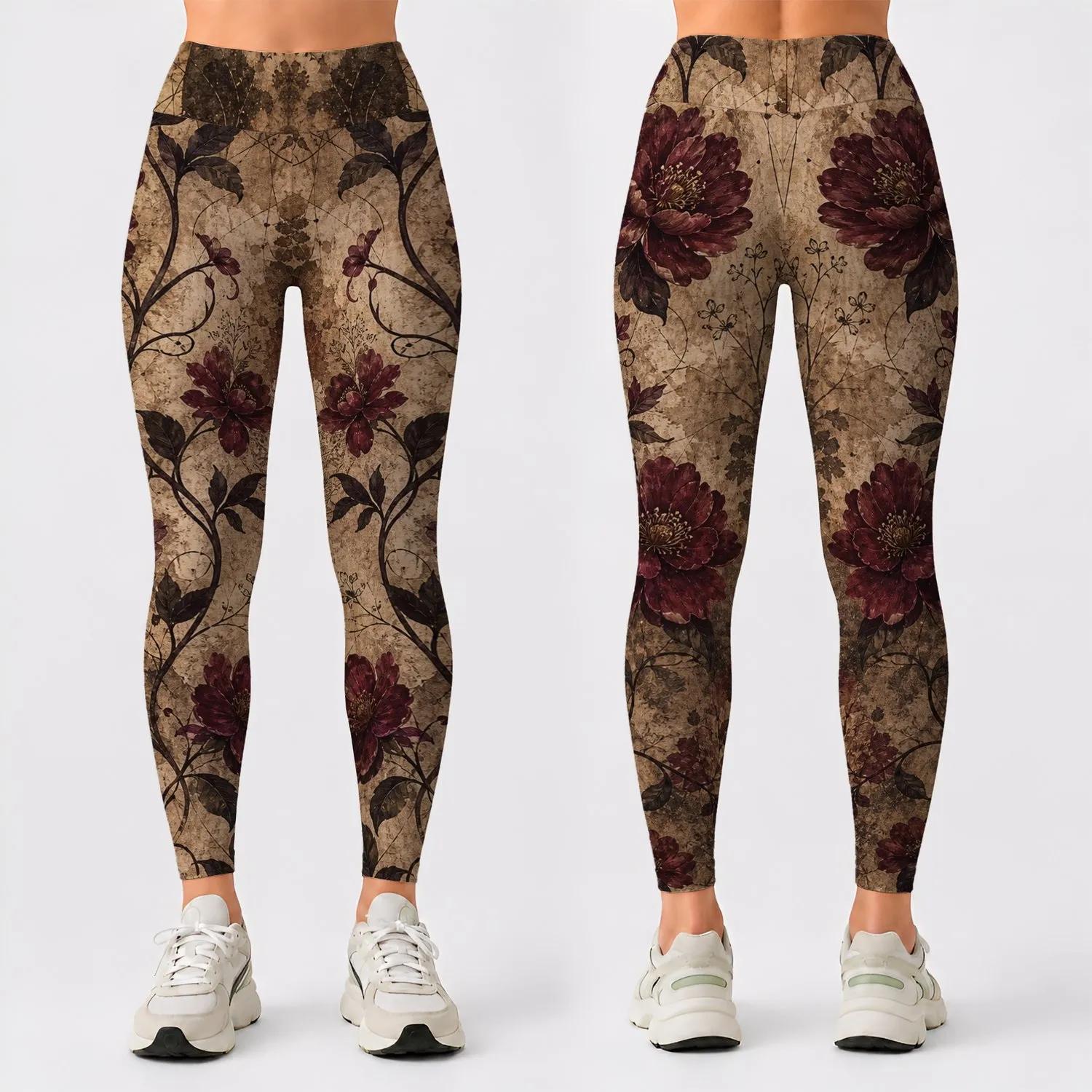 Vintage Burgundy Floral Collage High Waist Activewear For Women Leggings - 1