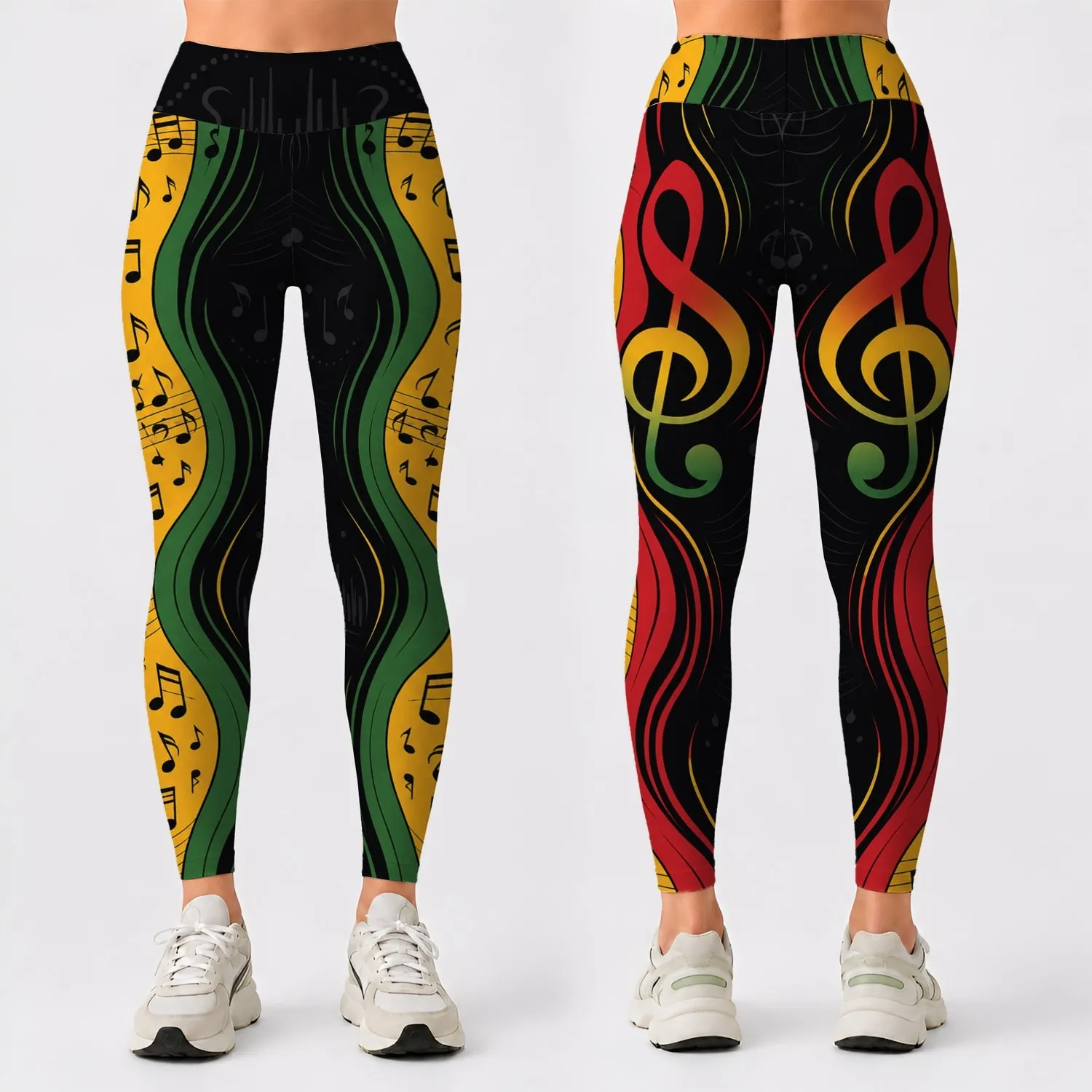 Reggae Music Note Side Stripe With Treble Clef For Festival Dance And Studio Wear Leggings - 1