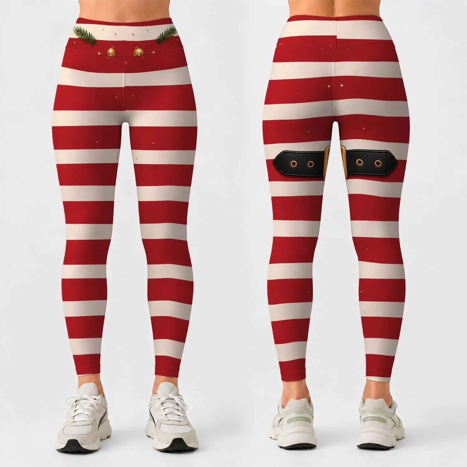 Candy Cane Stripes and Elf Belt Christmas Workout Wear for Women Holiday Fitness Leggings - 1