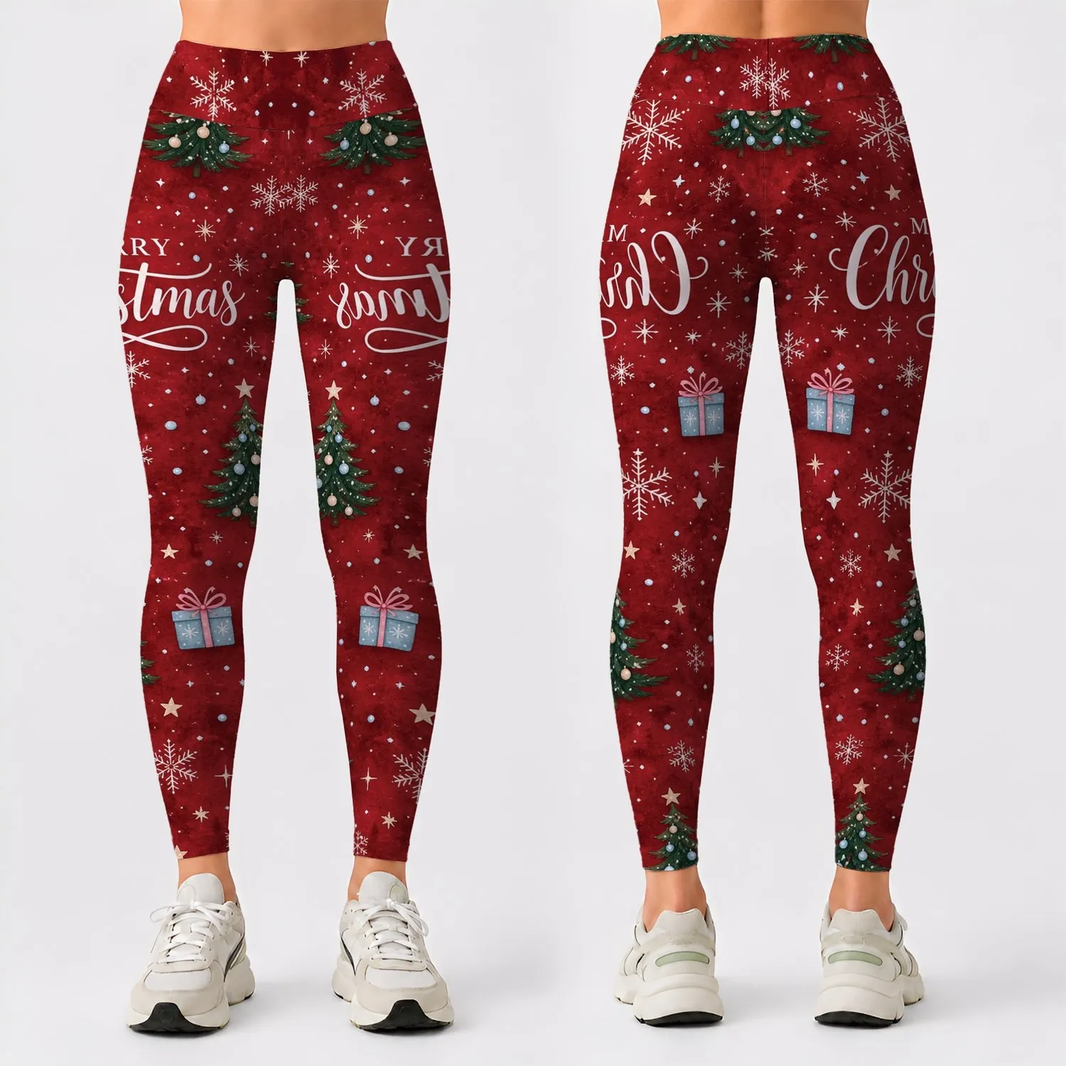 Red Christmas Snowflakes And Evergreen Trees For Women's Cozy Winter Holiday Outfits Leggings - 1