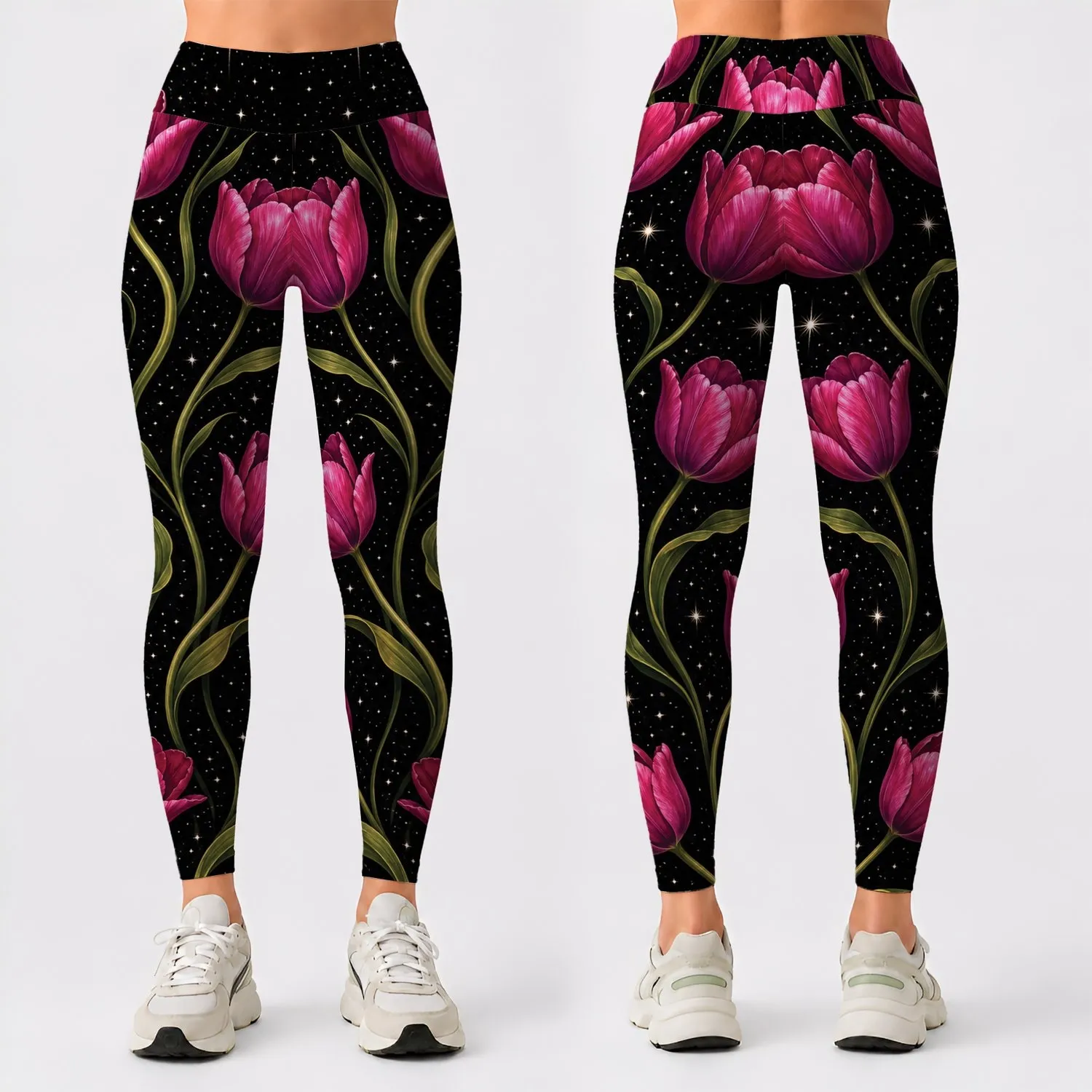 Magenta Tulip Starry Night Floral for Yoga Workouts and Everyday Active Women's Style Leggings - 1