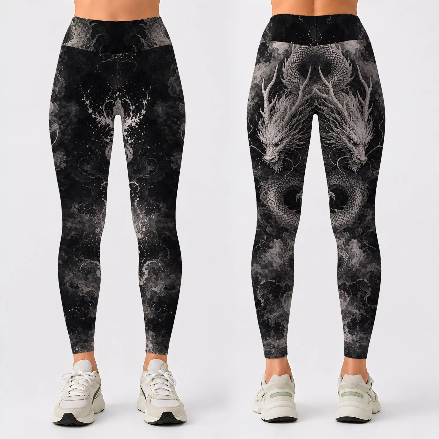 Monochrome Dragon Ink Wash For Gothic Yoga Workout And Fantasy Streetwear Enthusiasts Leggings - 1