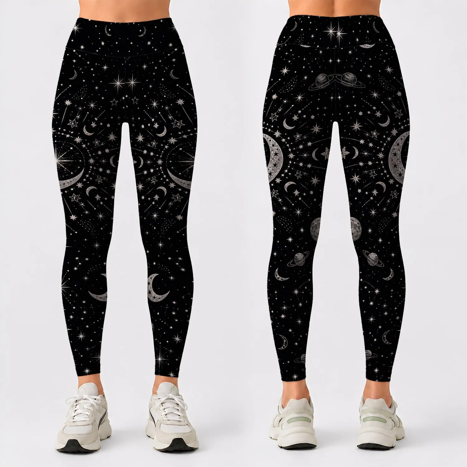 Silver Celestial Moon And Star Night Sky For Everyday Wear, Yoga And Stargazing Women Leggings - 1