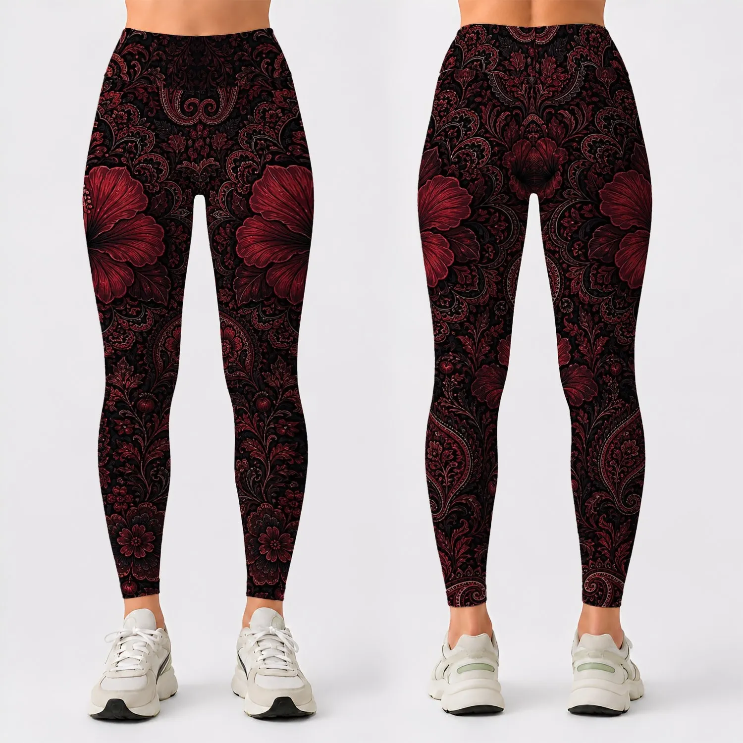 Vintage Gothic Crimson Floral Paisley For Dark Romantic Evening And Daily Wear Women Leggings - 1