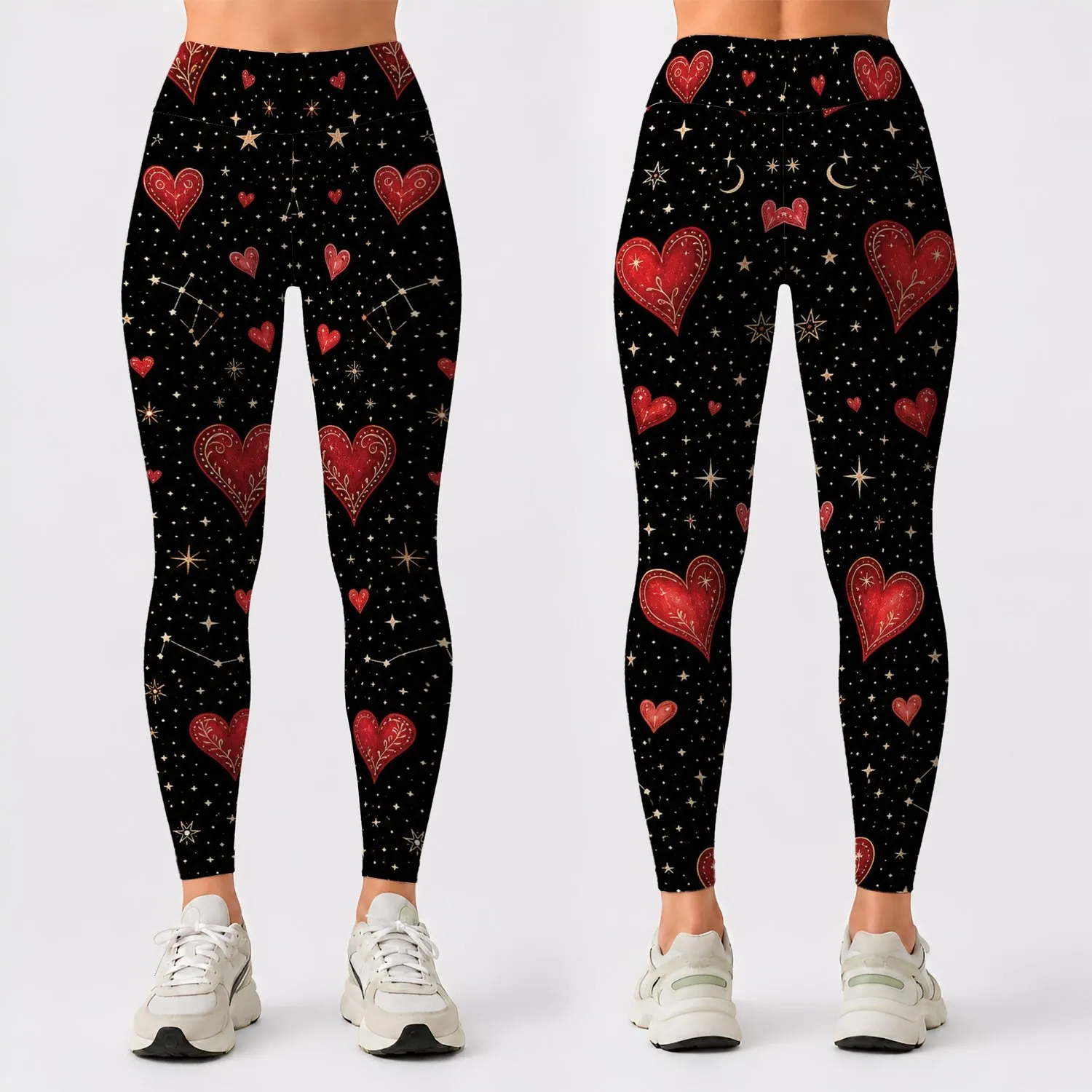 Red Hearts And Stars Celestial Valentine's Day Date Night Style For Plus Size Women Leggings - 1