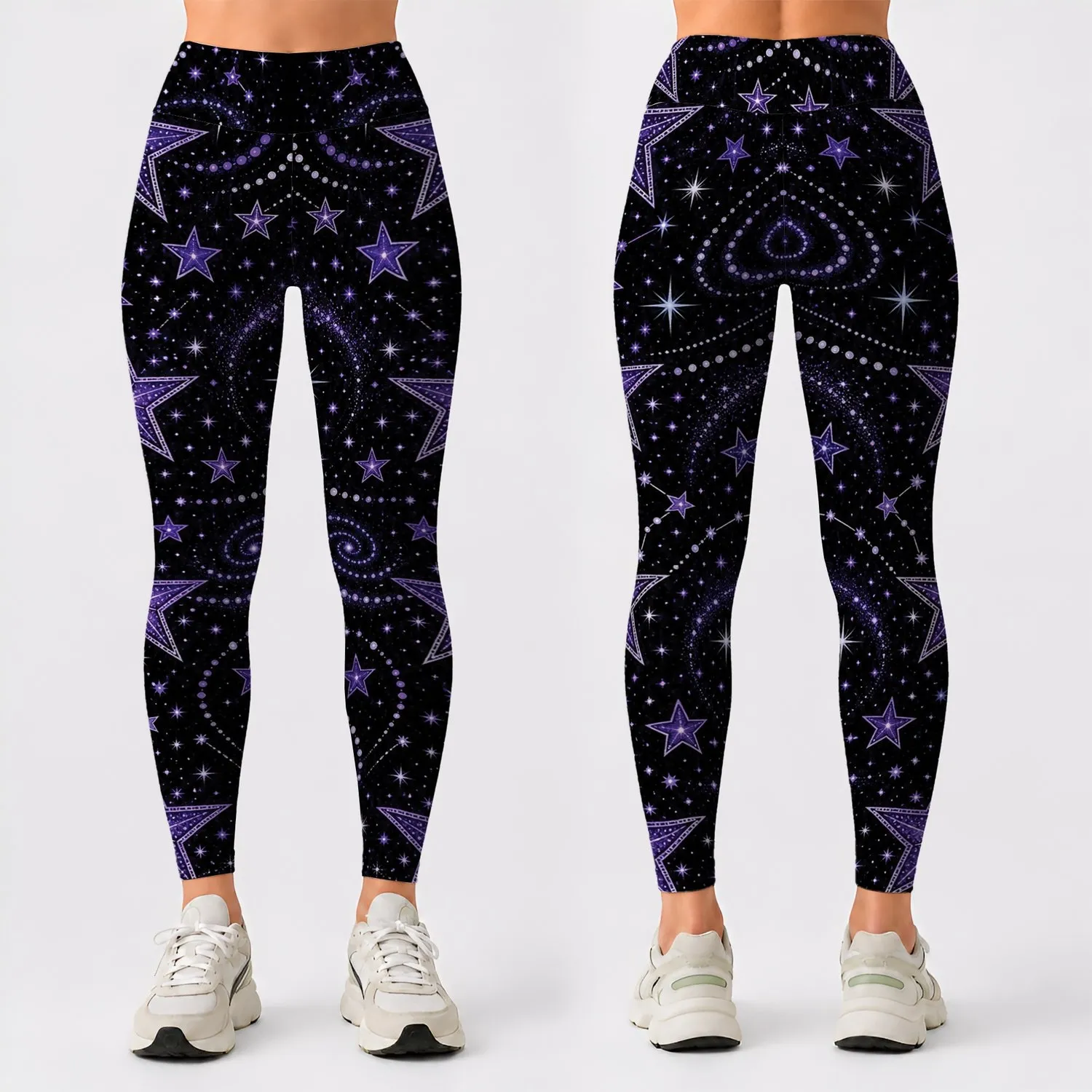 Celestial Purple Star Constellation Orbit Motif For Festival Nights And Everyday Style Leggings - 1