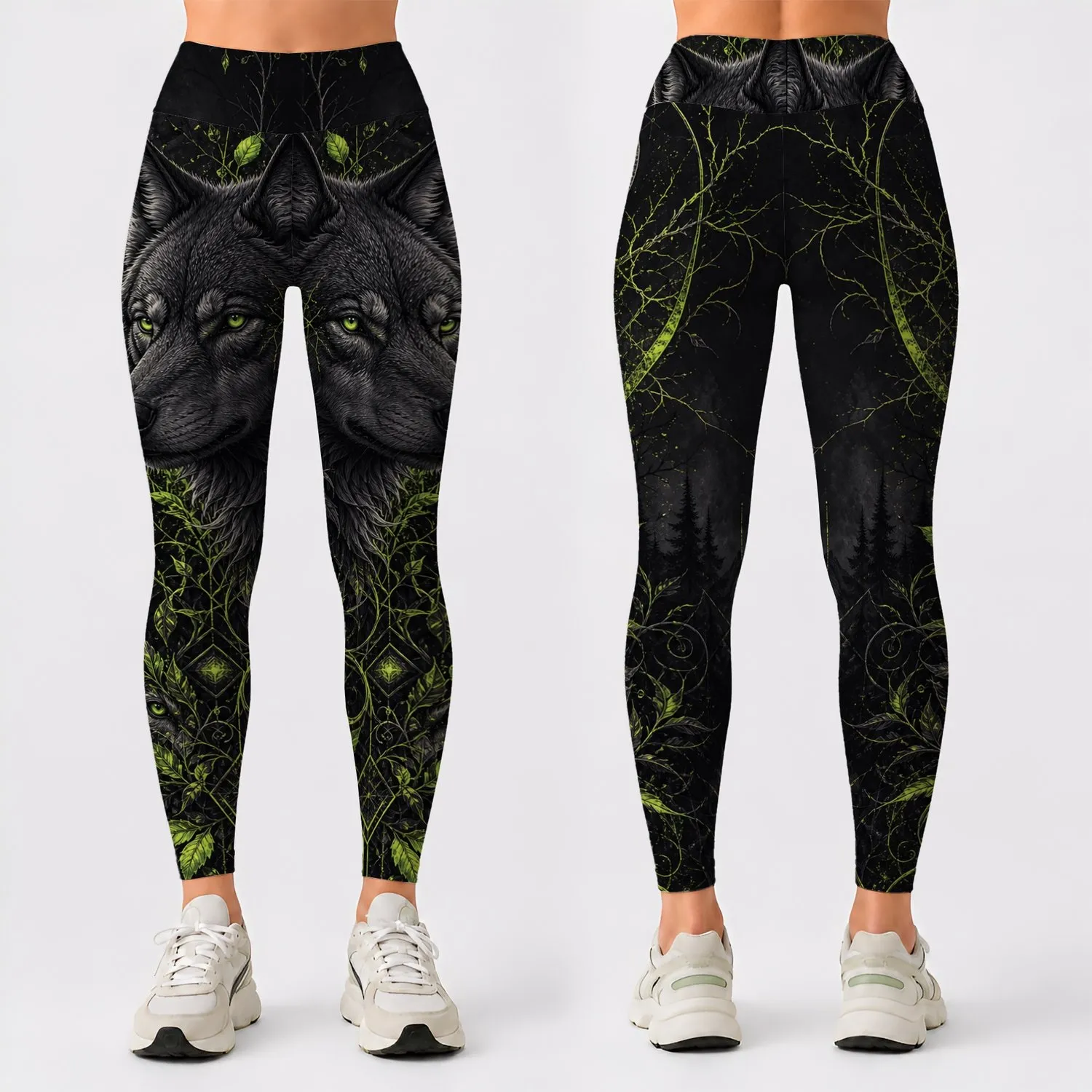 Neon Green Wolf And Thorn Vines For Gothic Nightwear And Alternative Street Style Leggings - 1