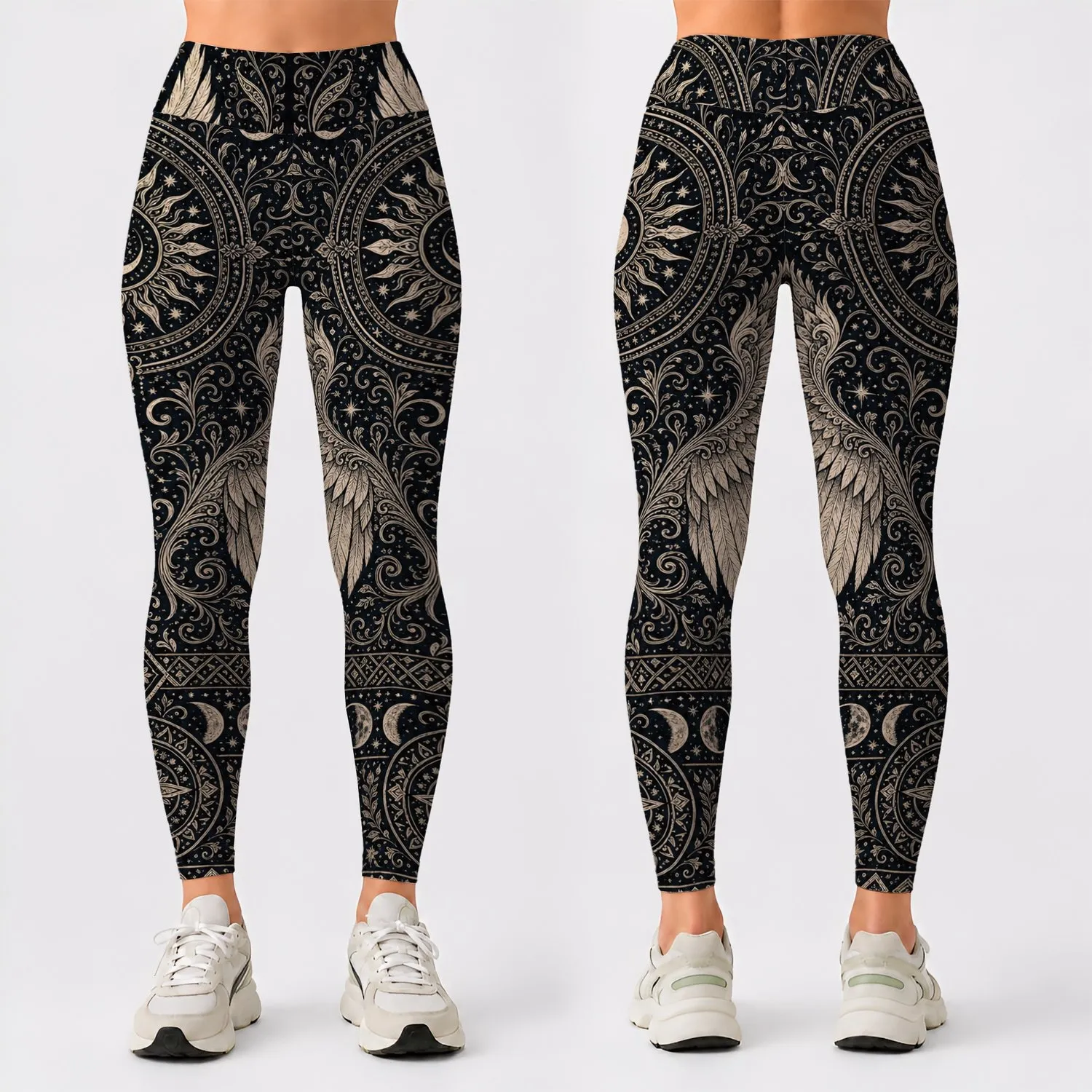 Celestial Angel Wings Moon Mandala Gothic Boho Festival Everyday Wear For Women Style Leggings - 1