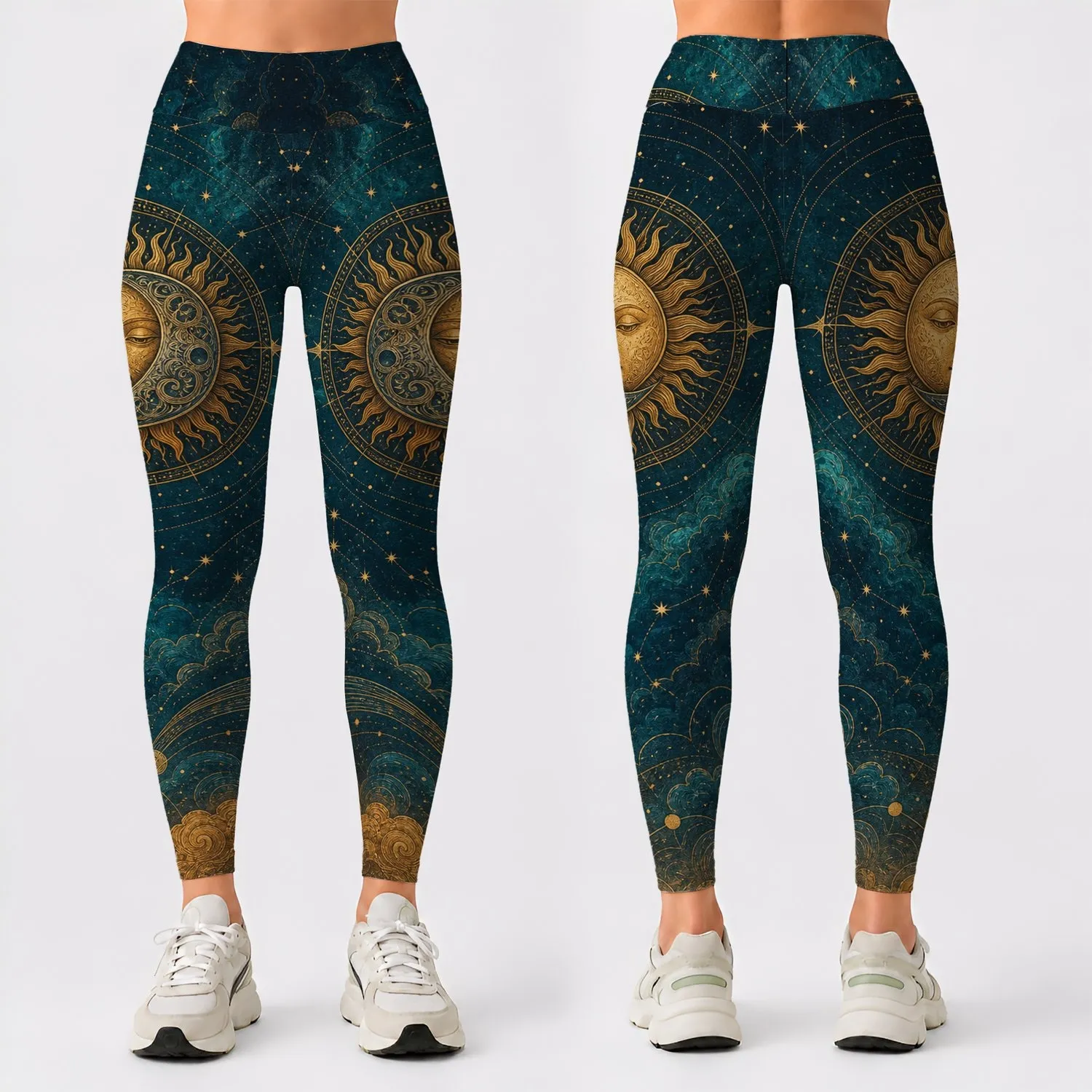 Antique Sun And Moon Celestial Constellations For Everyday Wear And Festival Style Leggings - 1