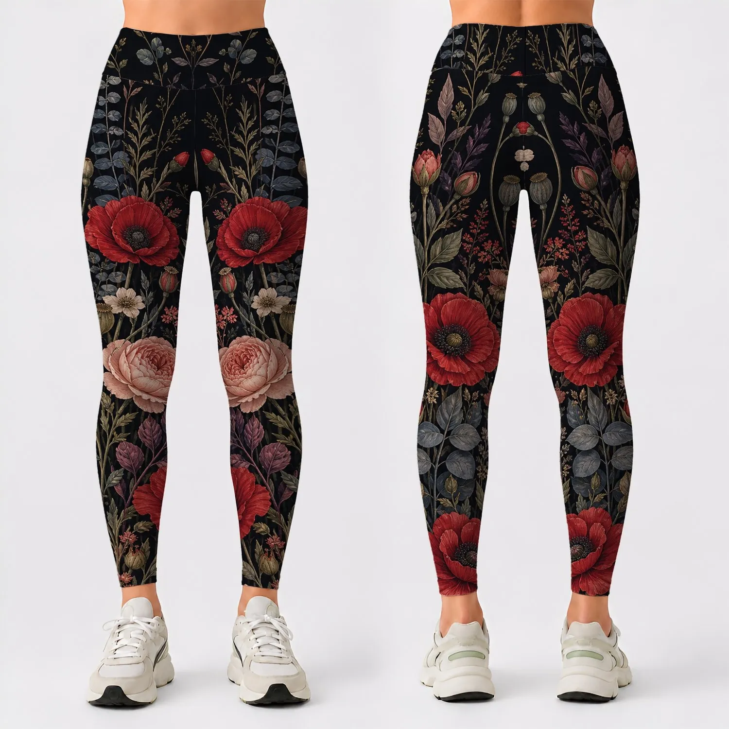 Dark Wildflower Garden For Vintage Travel Style, Festival Looks And Everyday Wear Leggings - 1
