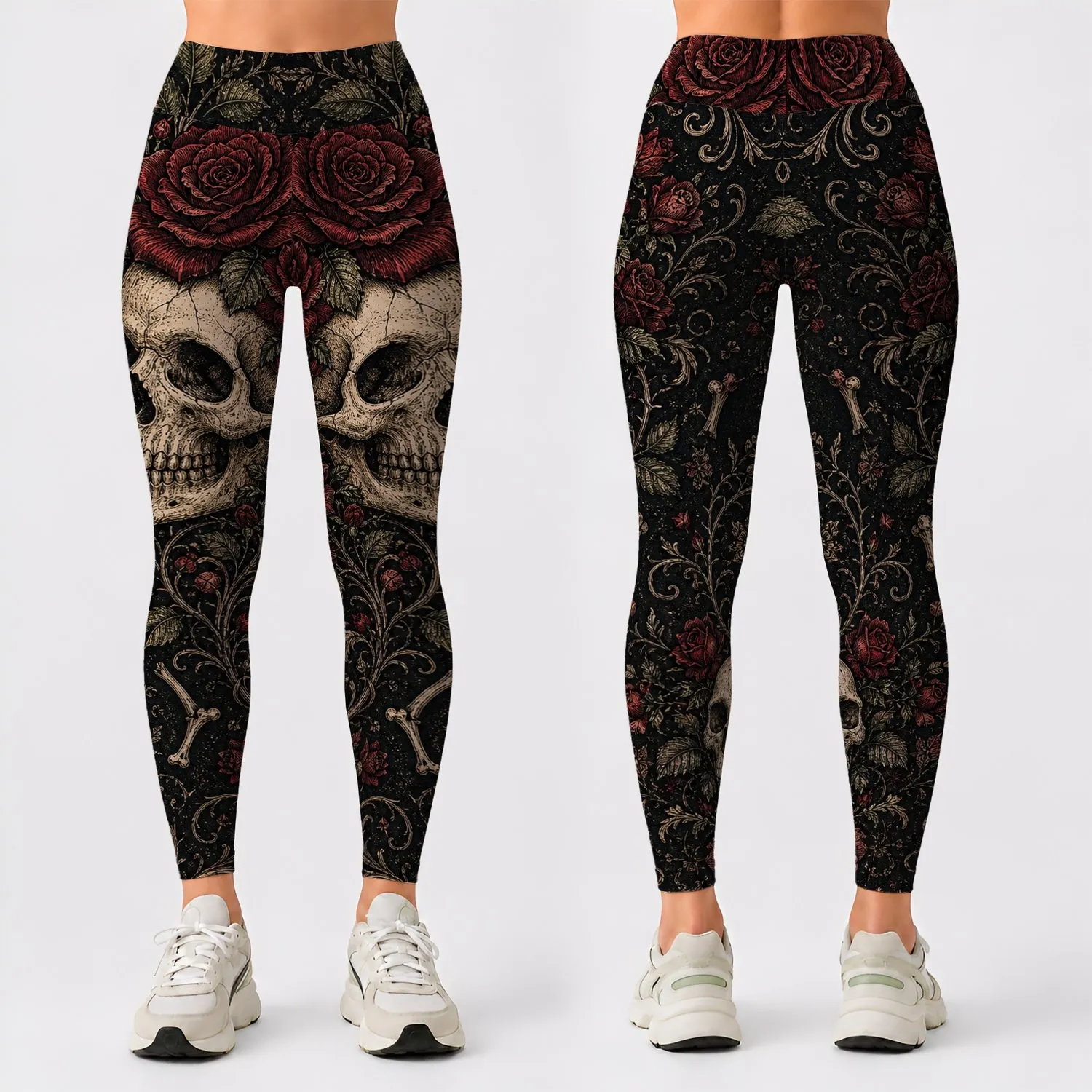 Gothic Rose Skull Tattoo Style For Halloween Parties And Dark Academia Night Outfits Leggings - 1