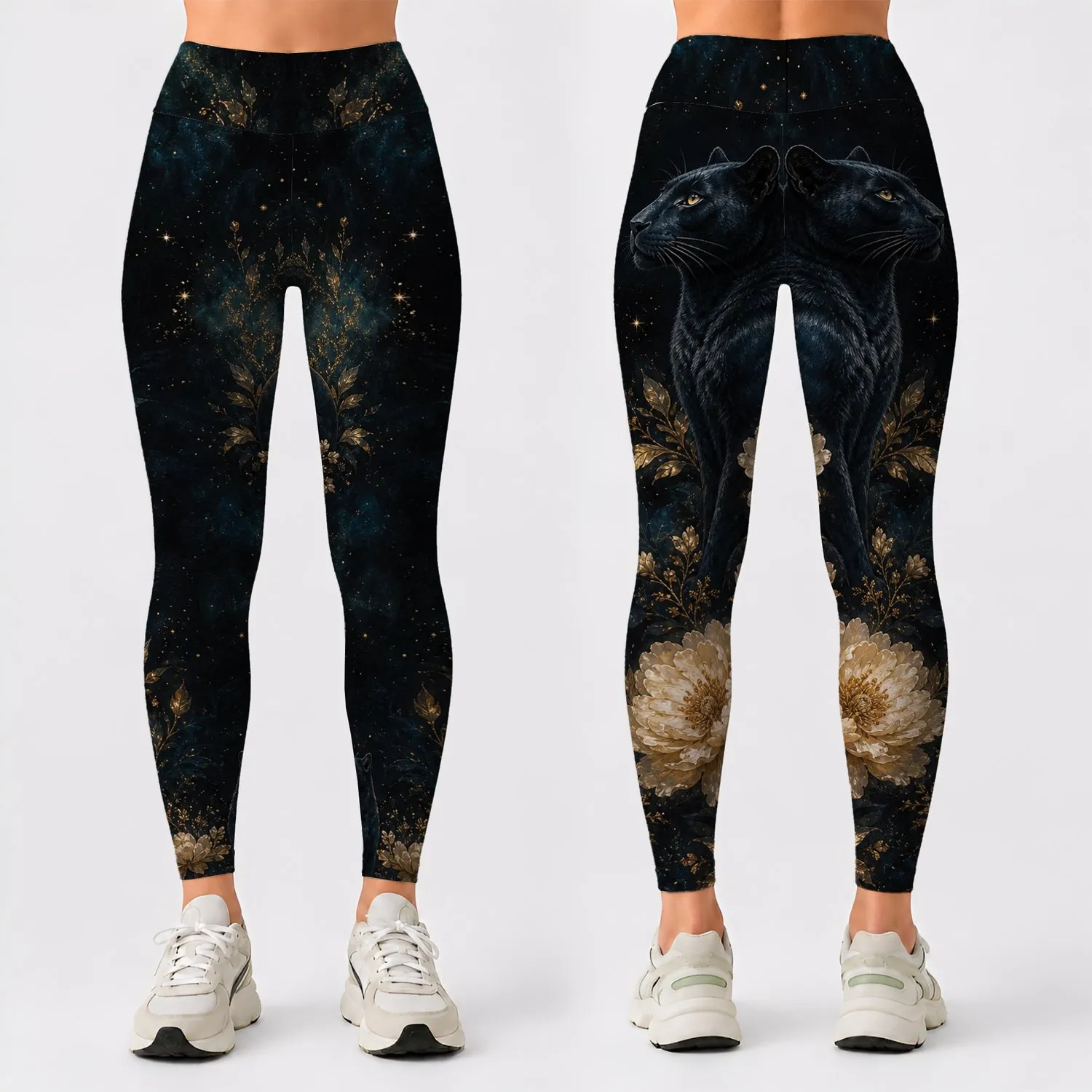 Black Panther Peony Floral Night Garden for Gothic Evening Style and Feline Lovers Leggings - 1