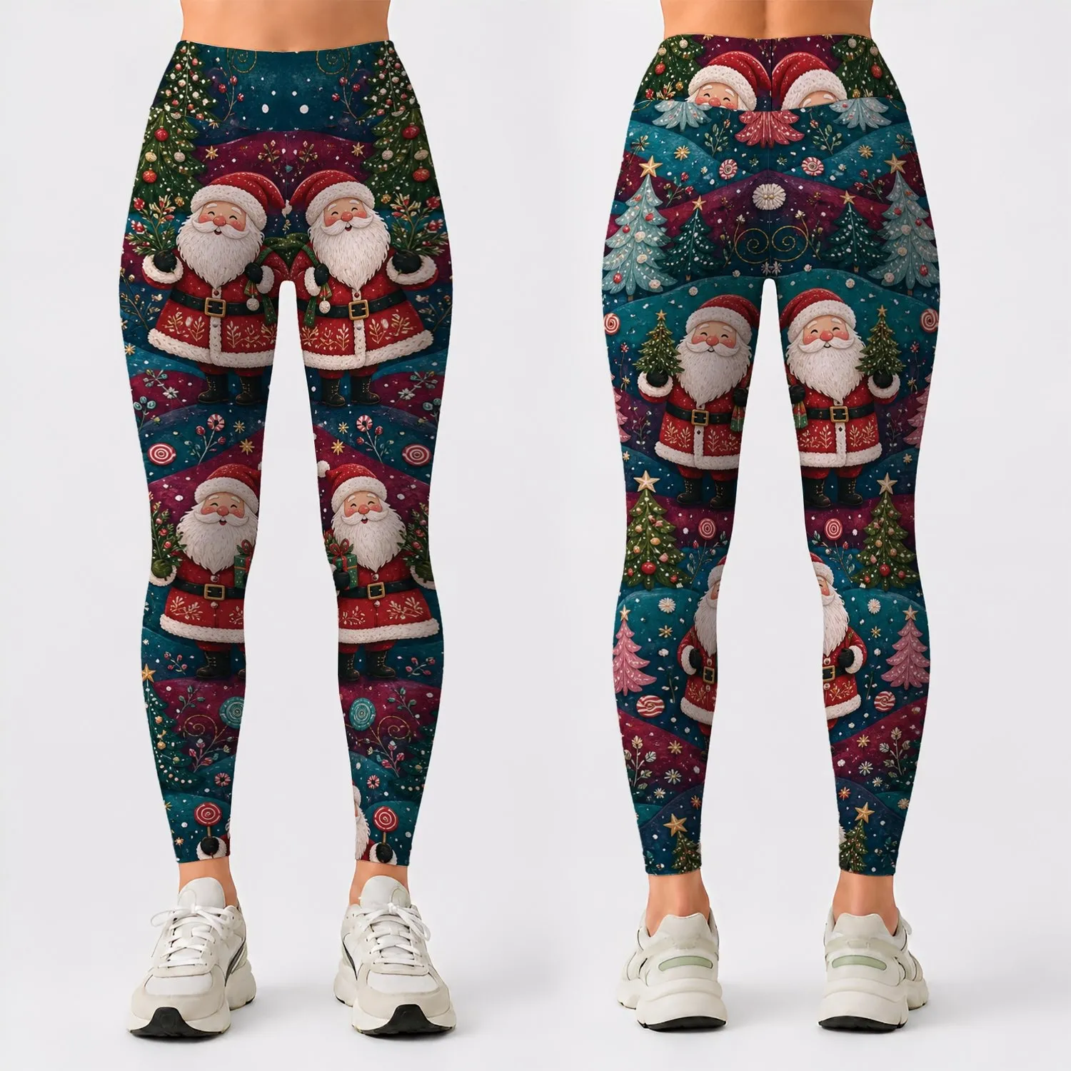Whimsical Santa Claus Christmas Trees For Festive Holiday Parties And Winter Gift Giving Leggings - 1