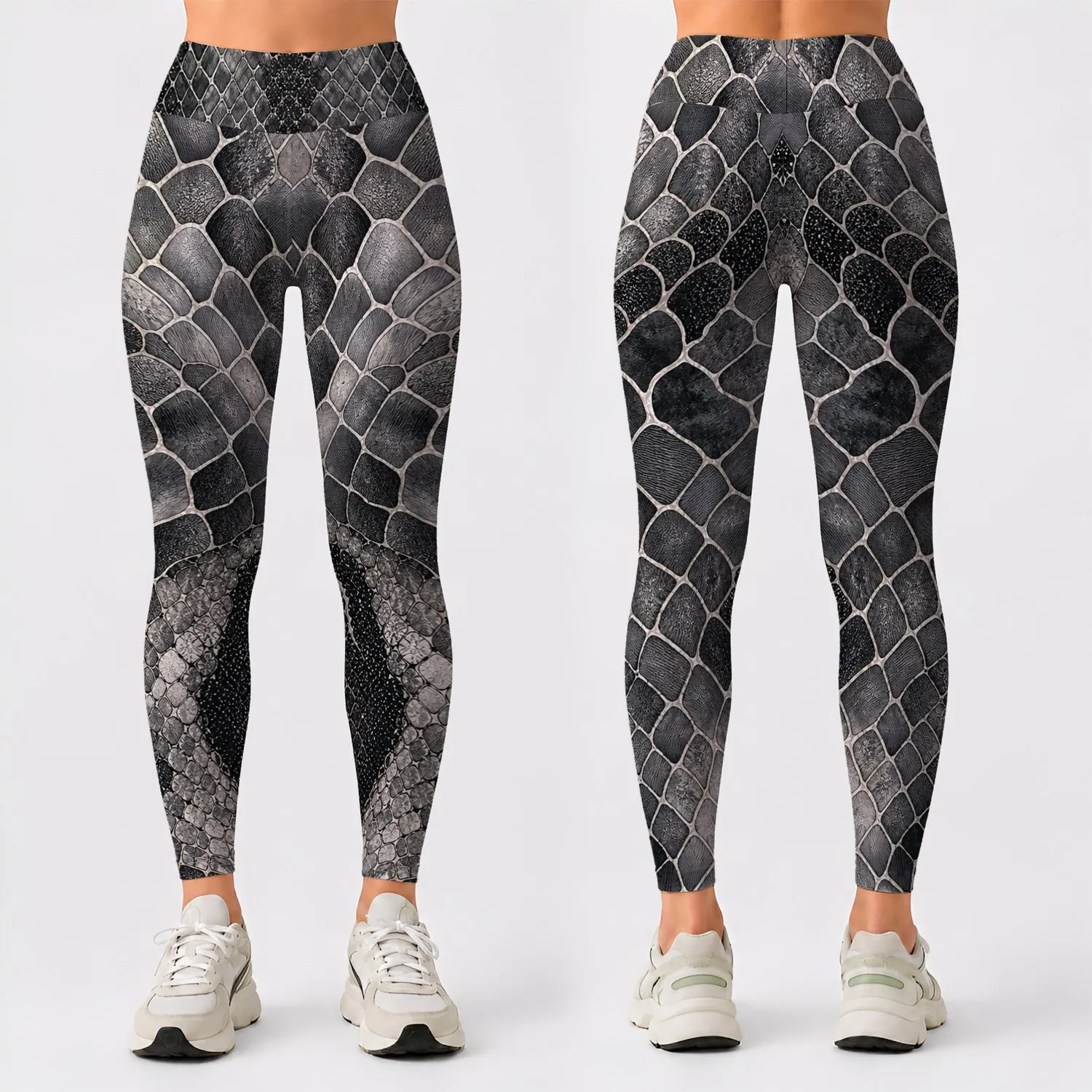 Monochrome Reptile Scale Mosaic For Women's Edgy Streetwear And Evening Event Looks Leggings - 1