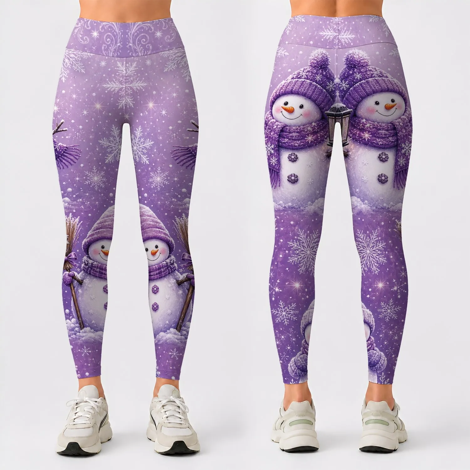 Whimsical Lavender Snowman Snowflake Cozy Winter Holiday Everyday Outfit For Women Leggings - 1