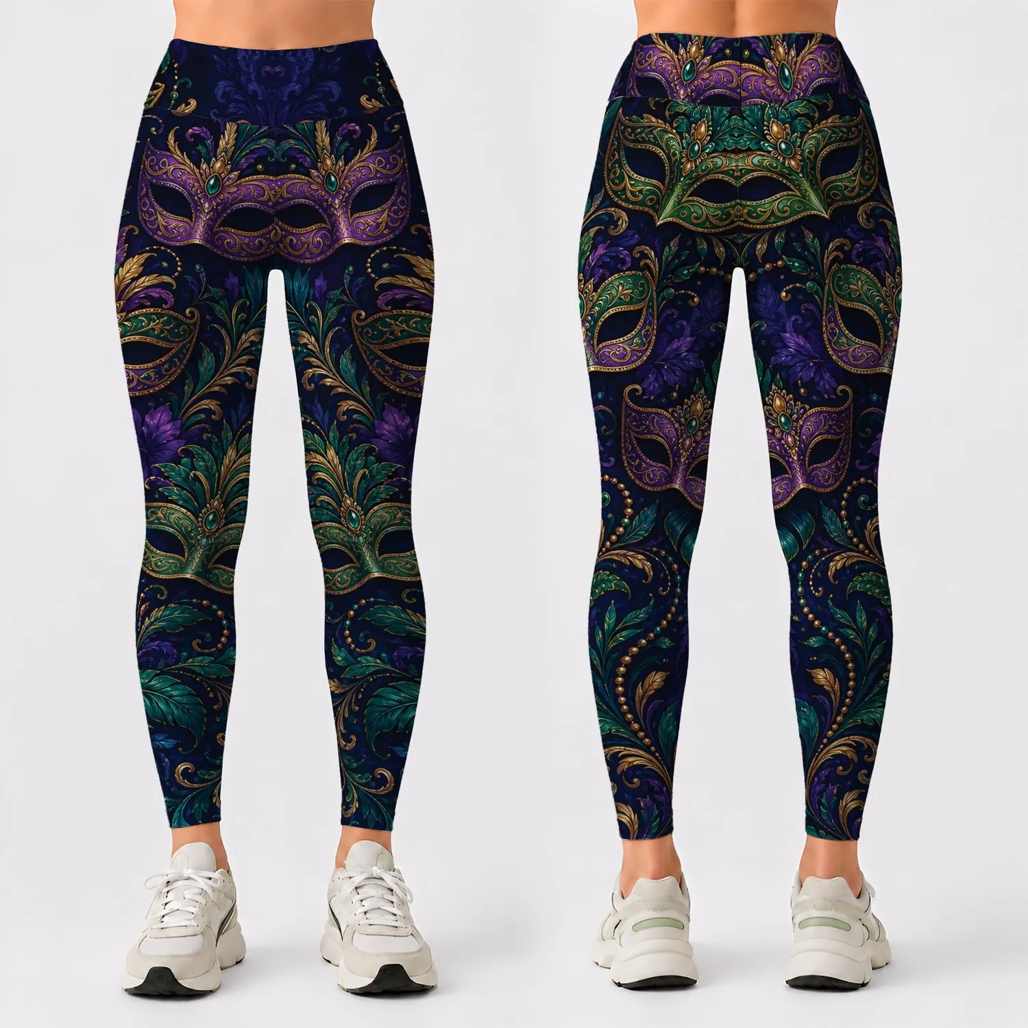 Luxury Masquerade Masks And Tropical Foliage For Mardi Gras Festival Style Women Leggings - 1