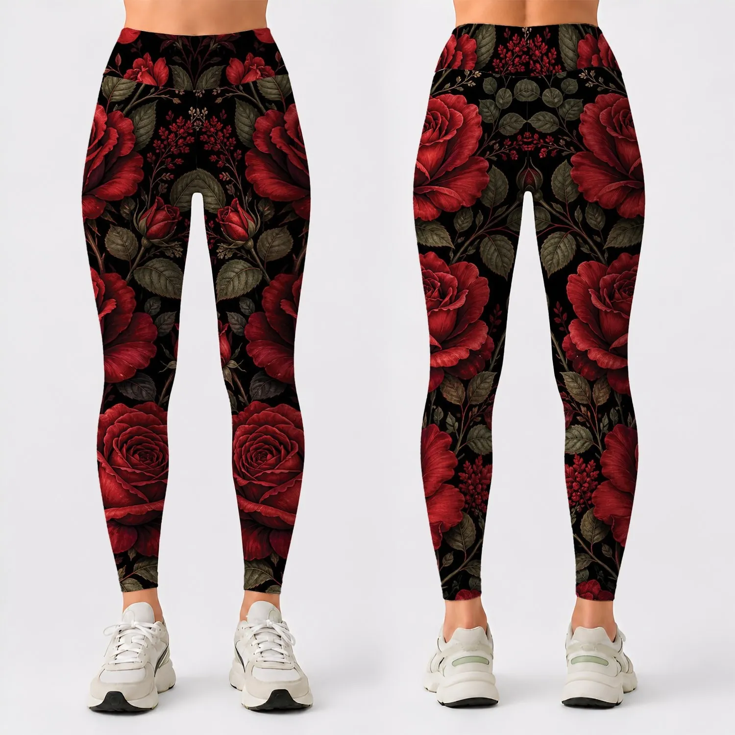 Crimson Rose Garden On Black For Romantic Boutique Style And Night Out Looks For Women Leggings - 1