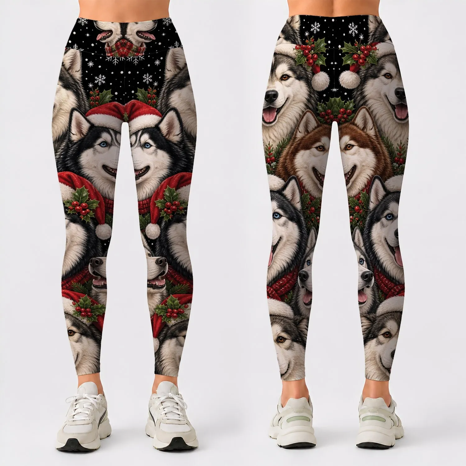 Christmas Husky Santa Hat Snowflakes With Holly Bells For Festive Winter Outfits Leggings - 1