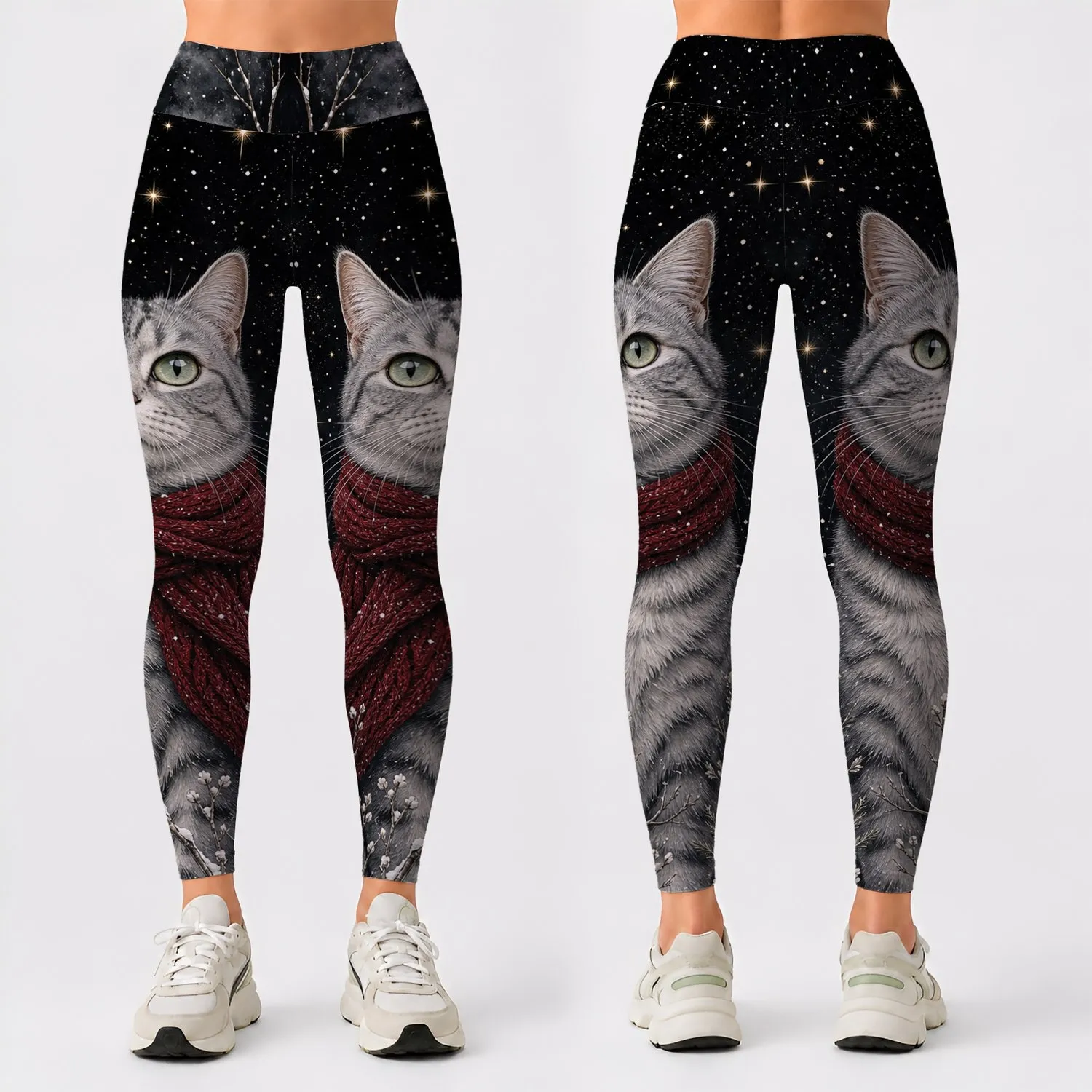 Silver Gray Tabby Cat Starry Winter Sky Cranberry Scarf Cozy Night Outfit For Women Leggings - 1
