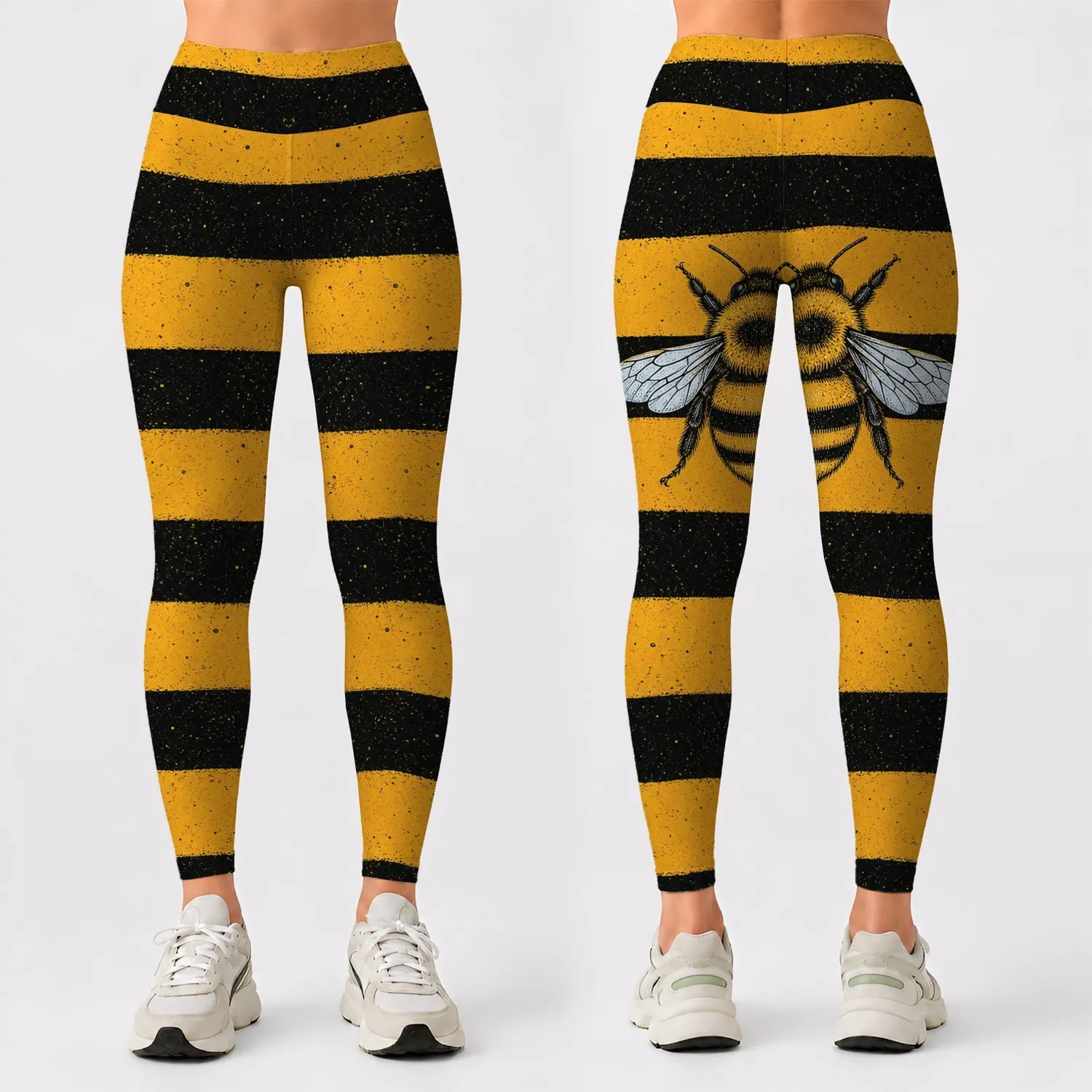 Golden Bumblebees On Honey Yellow And Charcoal Stripes For Everyday Casual Wear Women Leggings - 1