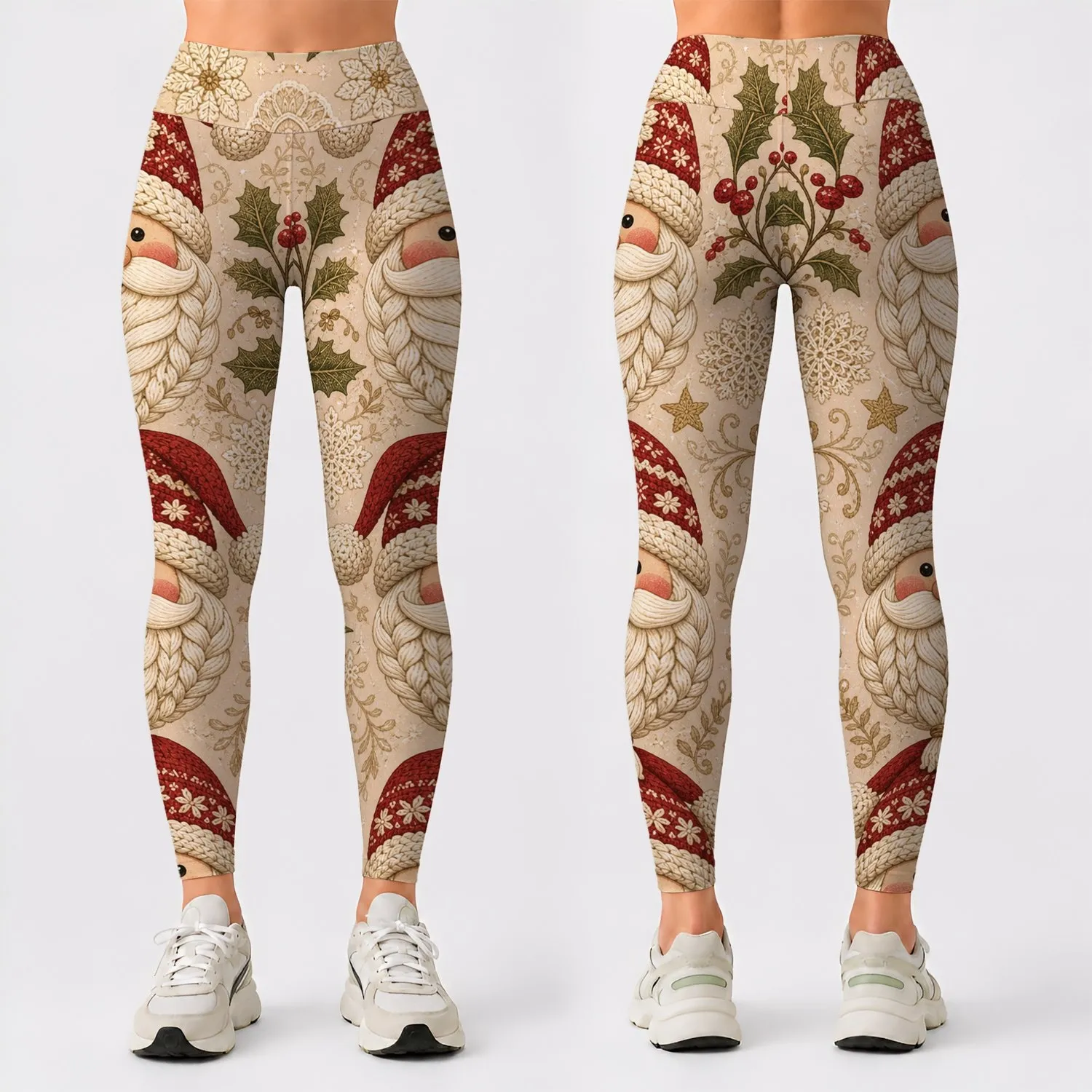 Christmas Gnome Faces With Nordic Lace Holiday Folk Craft Cozy Winter Style Outfit Leggings - 1