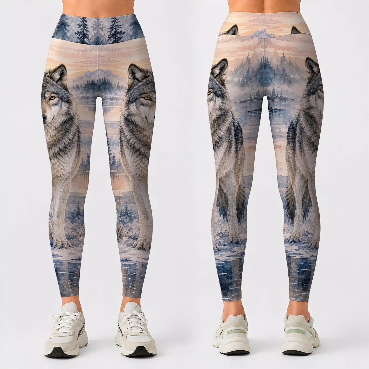 Gray Timber Wolf In Snowy Forest Watercolor Wilderness Style For Outdoor Yoga Women Leggings - 1