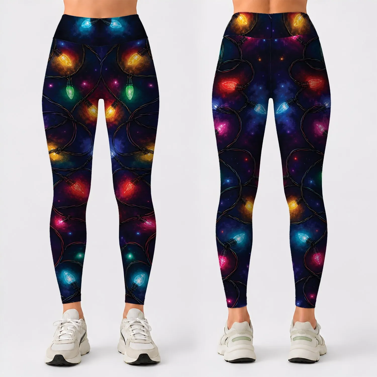 Glowing Christmas String Lights On Midnight Navy For Festive Holiday Party Outfits Leggings - 1