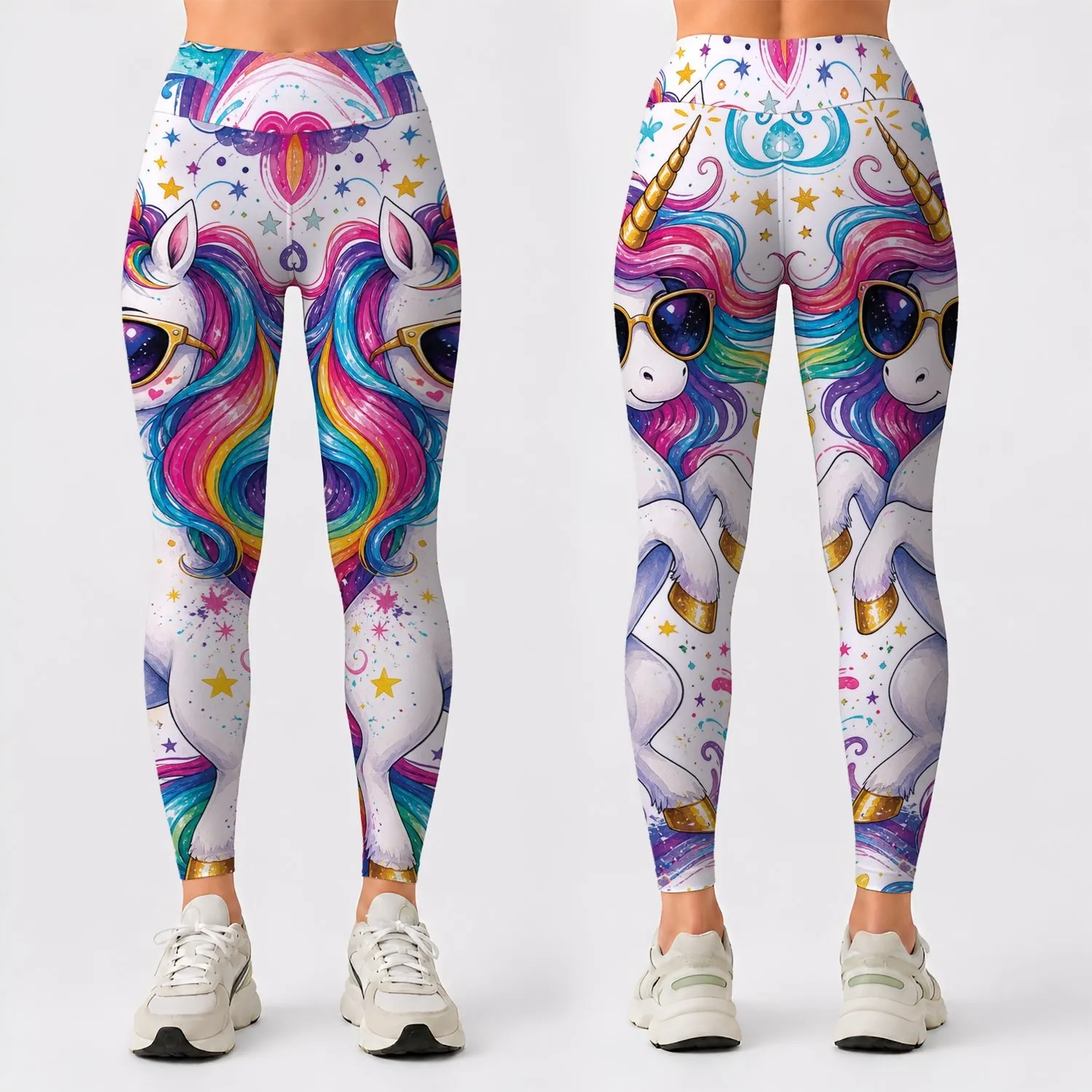 Rainbow Unicorn With Sunglasses And Stars For Festival Yoga Party Style Women Girls Leggings - 1