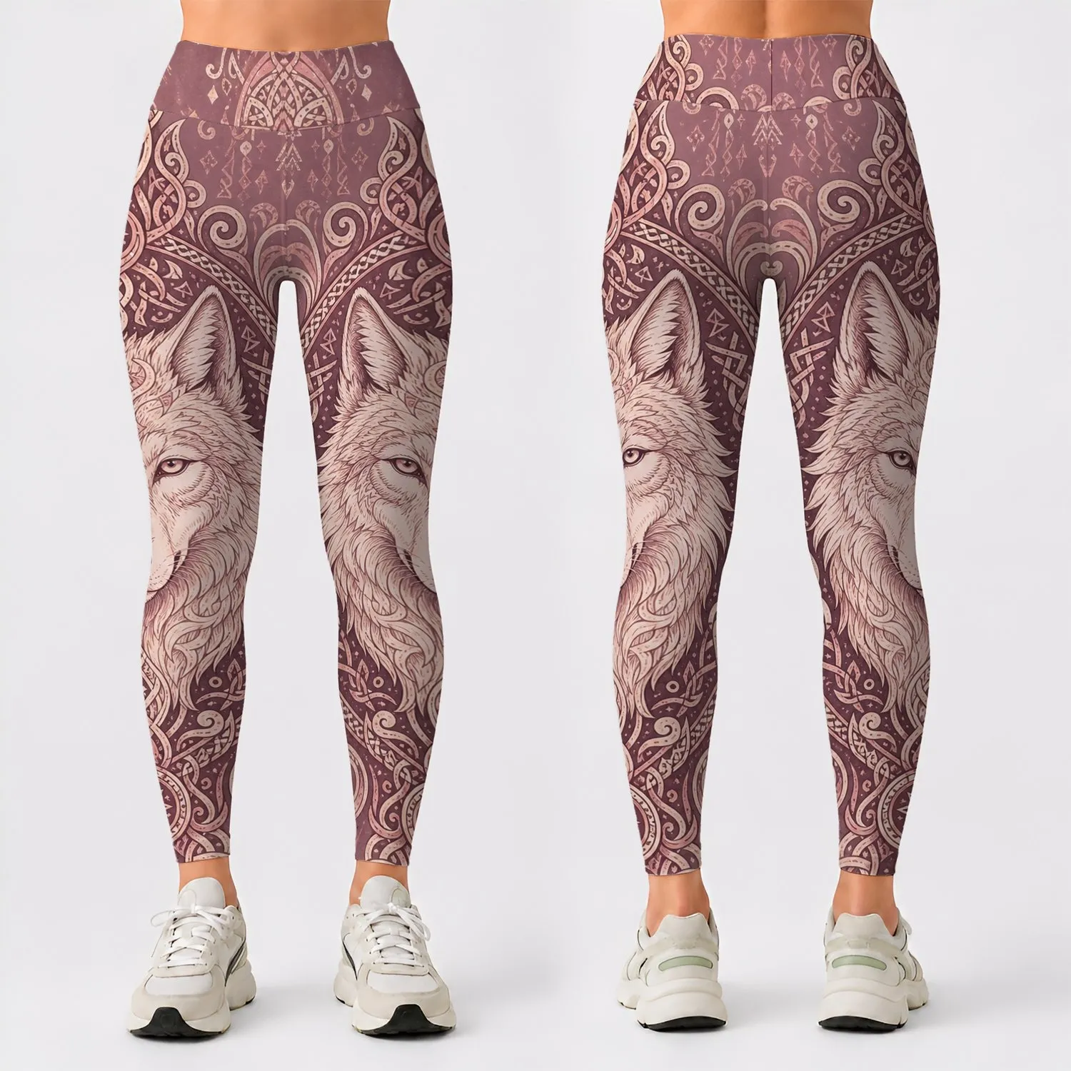 Noble Nordic Wolf Rune Knotwork In Dusty Mauve For Yoga Travel Retreats And Boho Women Leggings - 1