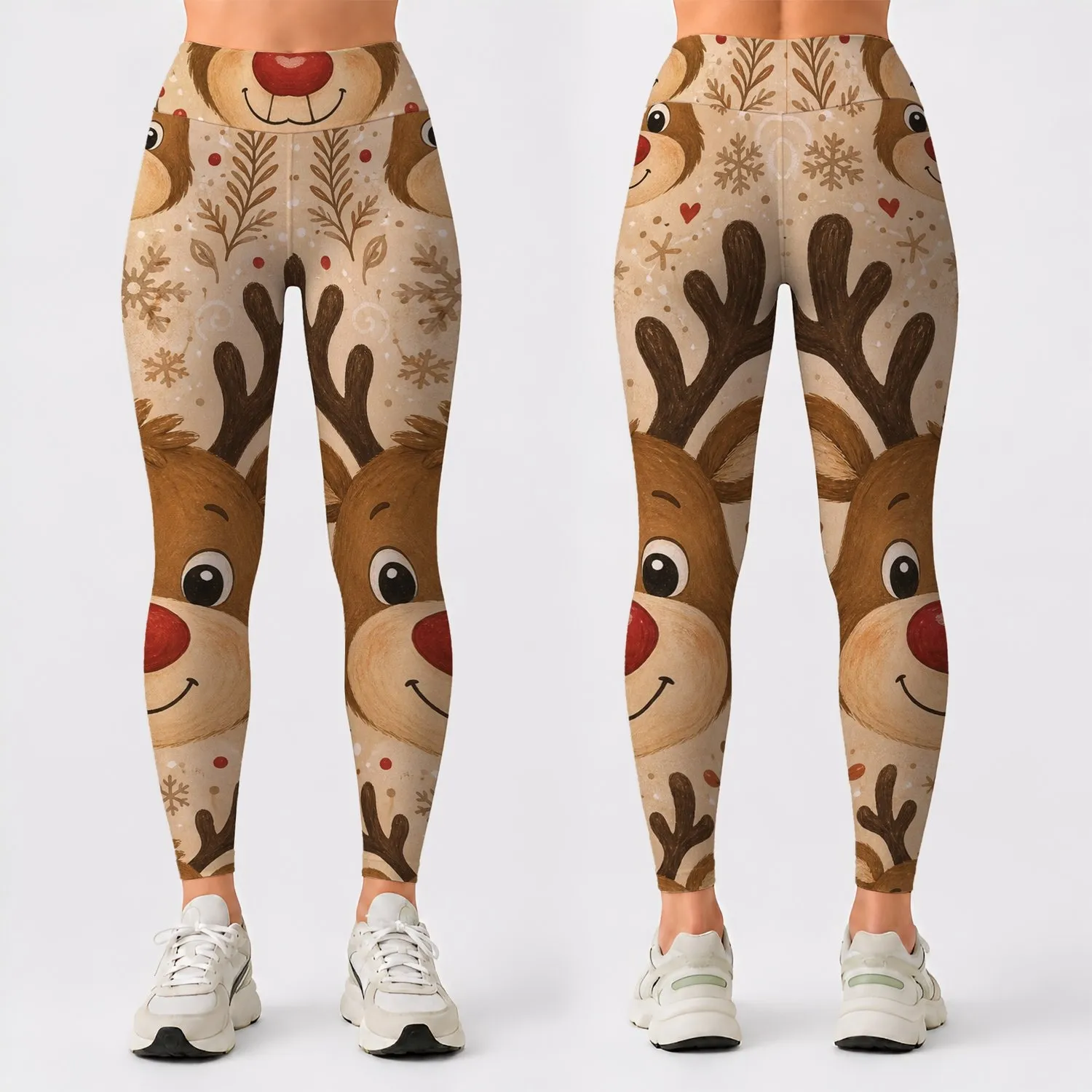 Cartoon Reindeer Faces On Oatmeal Beige For Cozy Christmas Pajama Parties Holiday Lounging Leggings - 1