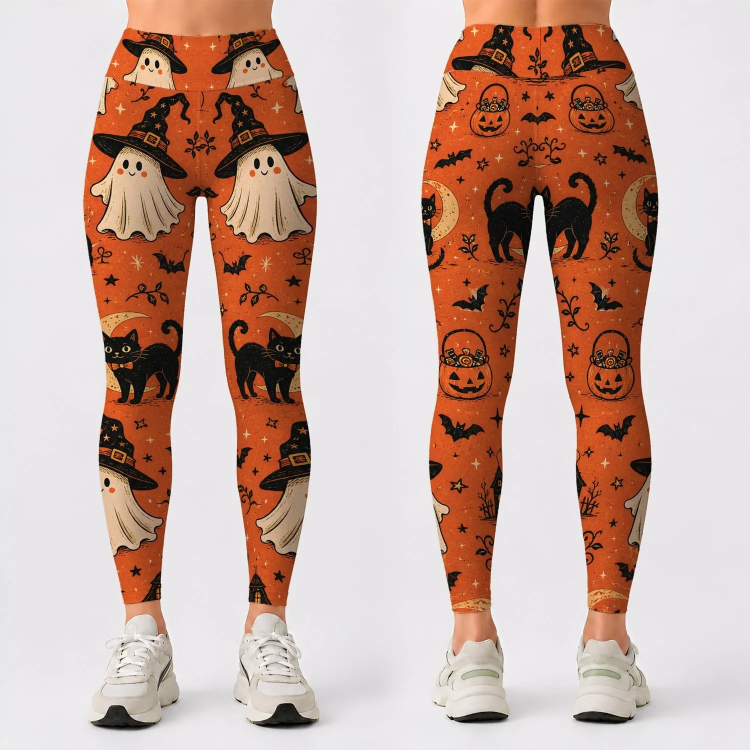 Cute Ghosts In Witch Hats Halloween Party Costume Outfit For Women Spooky Fall Wear Leggings - 1