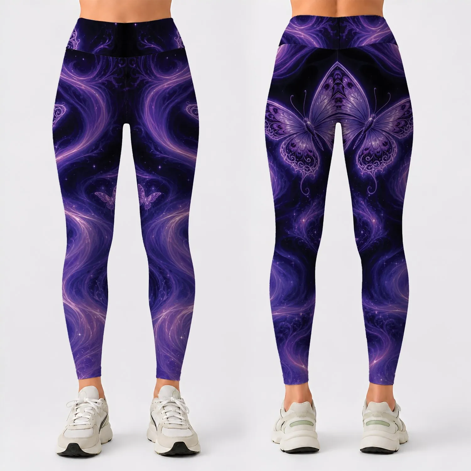 Glowing Purple Butterfly Aurora For Yoga, Dance And Women's Mystical Night Style Leggings - 1