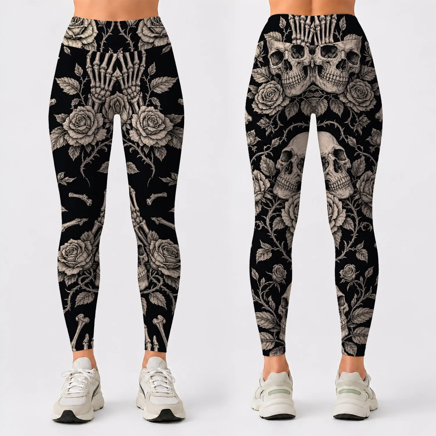 Gothic Skull Rose Skeleton Hand Halloween Outfit for Dark Romantic Streetwear Style Leggings - 1