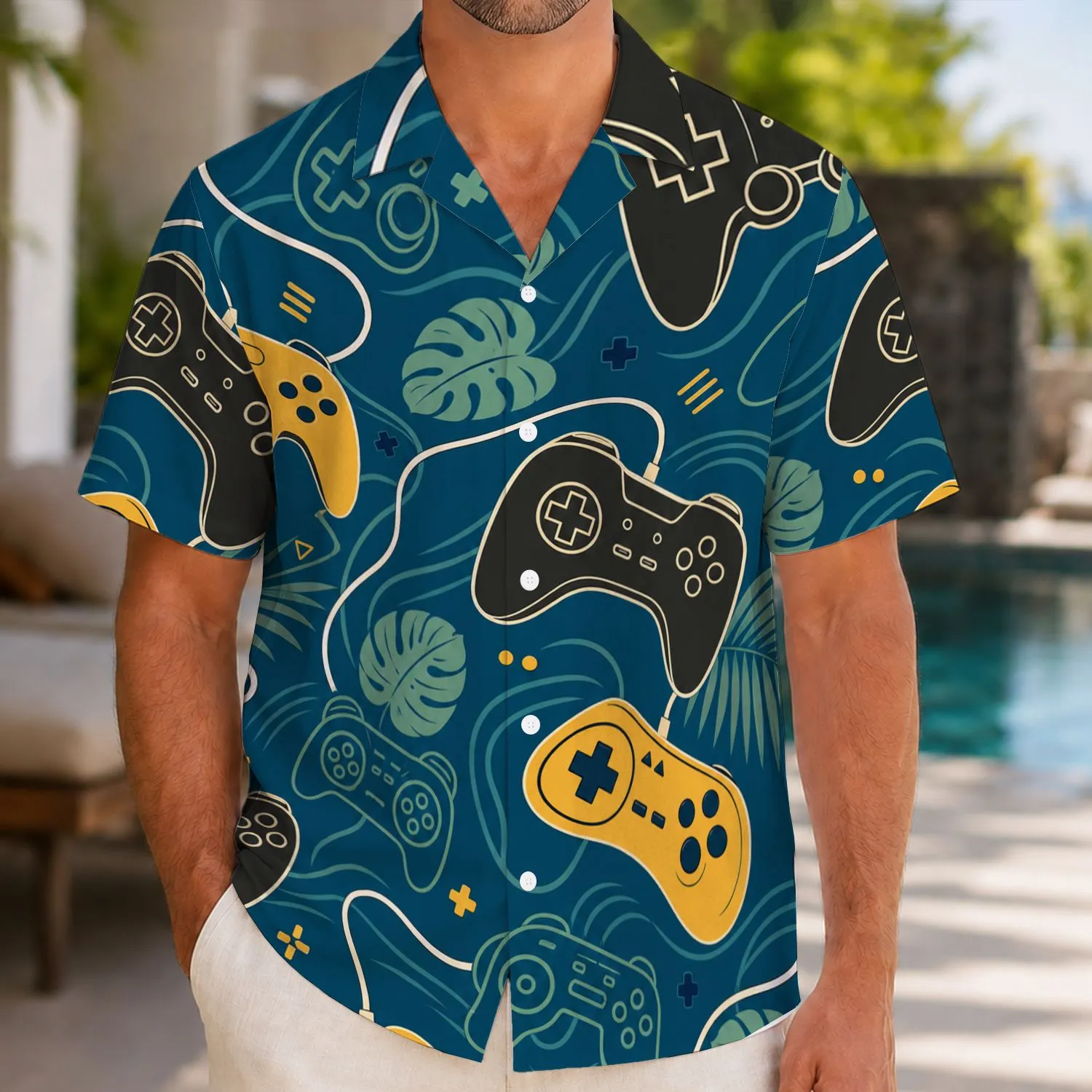 Retro Game Controllers and Tropical Leaves for Beach Vacation Gamers and Summer Travel Hawaiian Shirt - 1